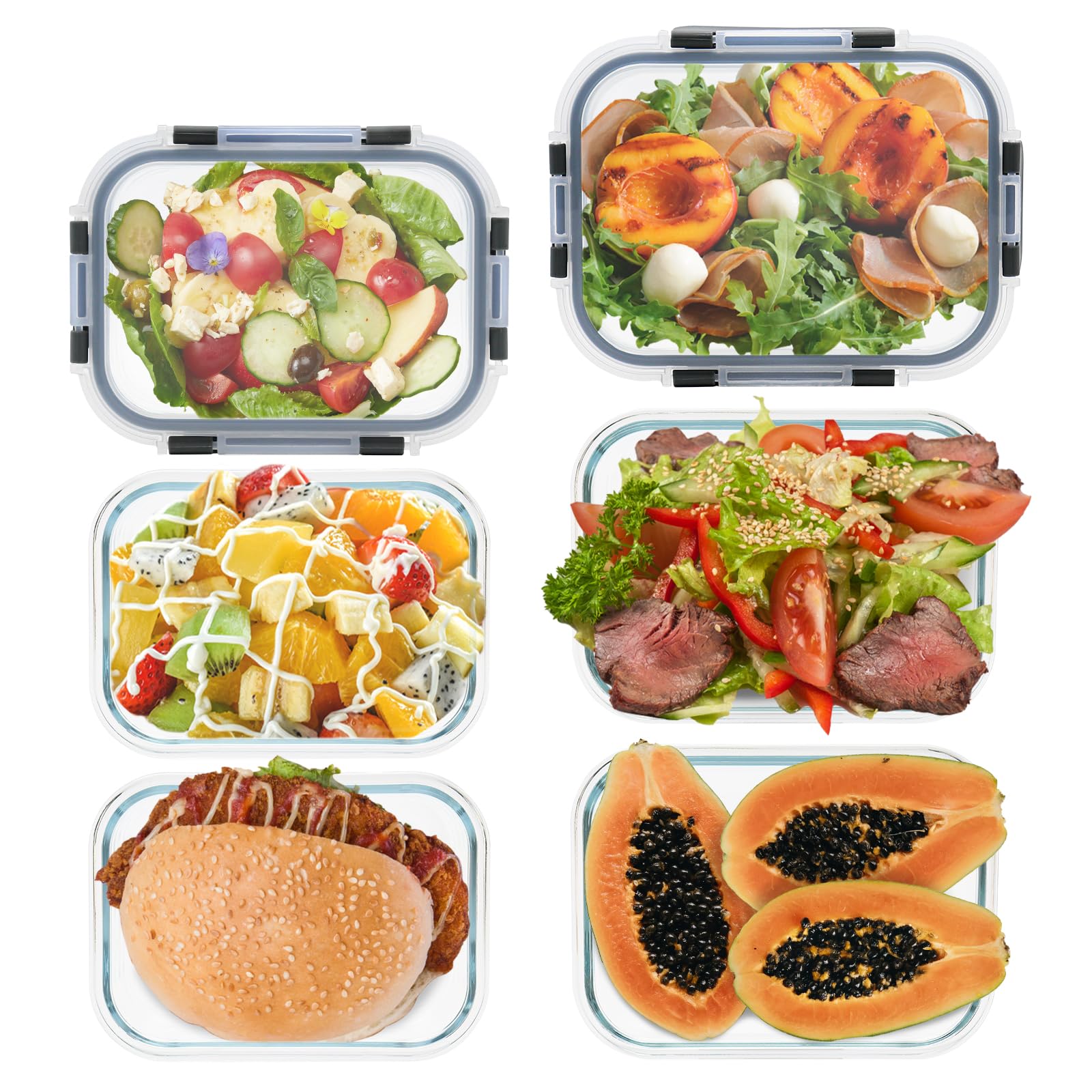 GULFLIN 6 Stück Glasbehälter für Mahlzeiten, Frischhaltedosen, luftdichte Bento-Boxen mit auslaufsicheren Deckeln, gefrier- bis mikrowellengeeignet
