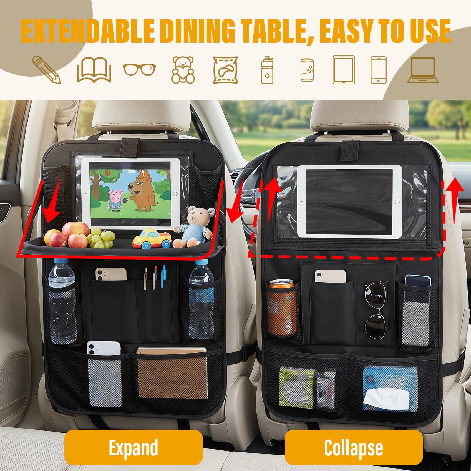 Auto Organizer, 2 Stück Auto Rücksitz Organizer, Multifunktional Wasserdicht Rückenlehnenschutz Auto Kinder mit Klapptisch, Tablet/Telefon Aufbewahrung und 9 Taschen, passt in die meisten Fahrzeuge