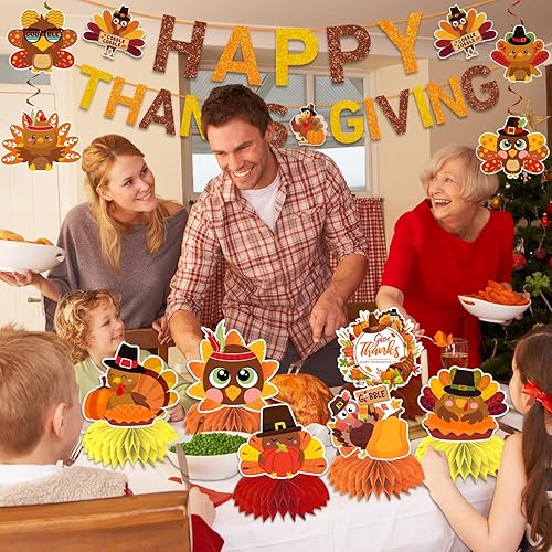 Miniatura 6 de El juego de 17 decoraciones de Acción de Gracias incluye pancarta, espirales colgantes y decoraciones de mesa 3D, centros de mesa de nido de abeja,