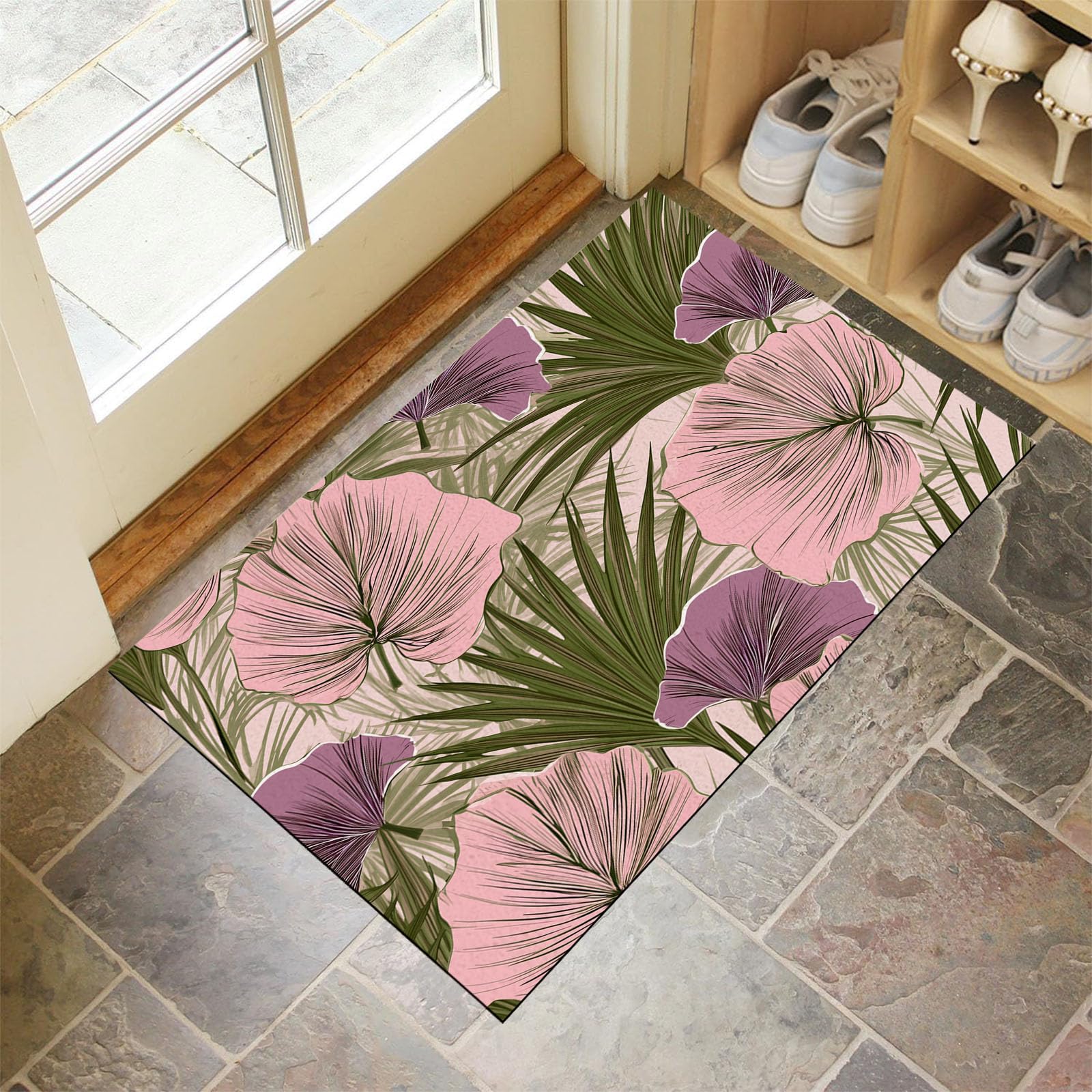 Tapis Feuilles De Palmier Tropicales 90X150Cm en Fausse Laine Vert Olive pour Salle De Bain Cuisine, Petit Paillasson D'Entrée D'Intérieur, Plantes Vintage, Tapis De Sol Antidérapant Lavable