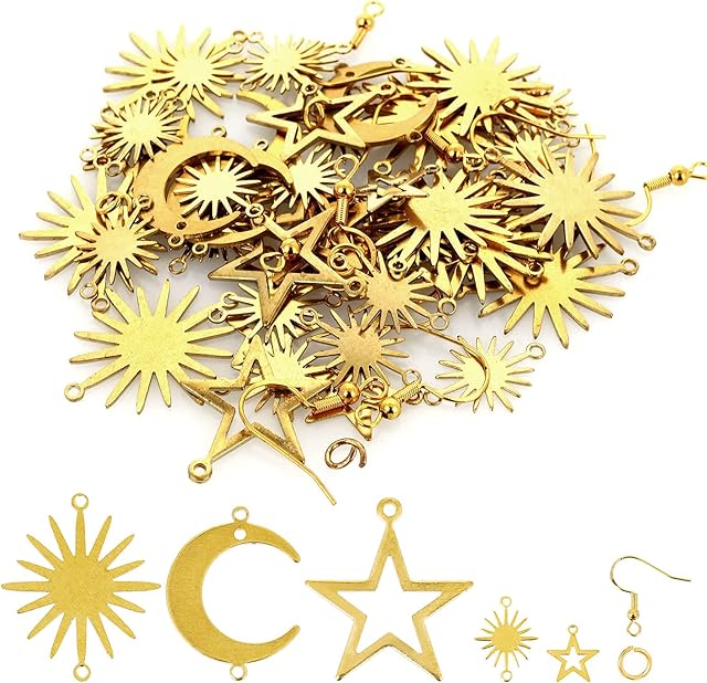 ASTER 45 Pieces Brass Star Charms Moon Sun Charms Links Pendants Connector Kit for Jewellery Making Small Sun Star Moon Jewelry Charms DIY Jewelry Making