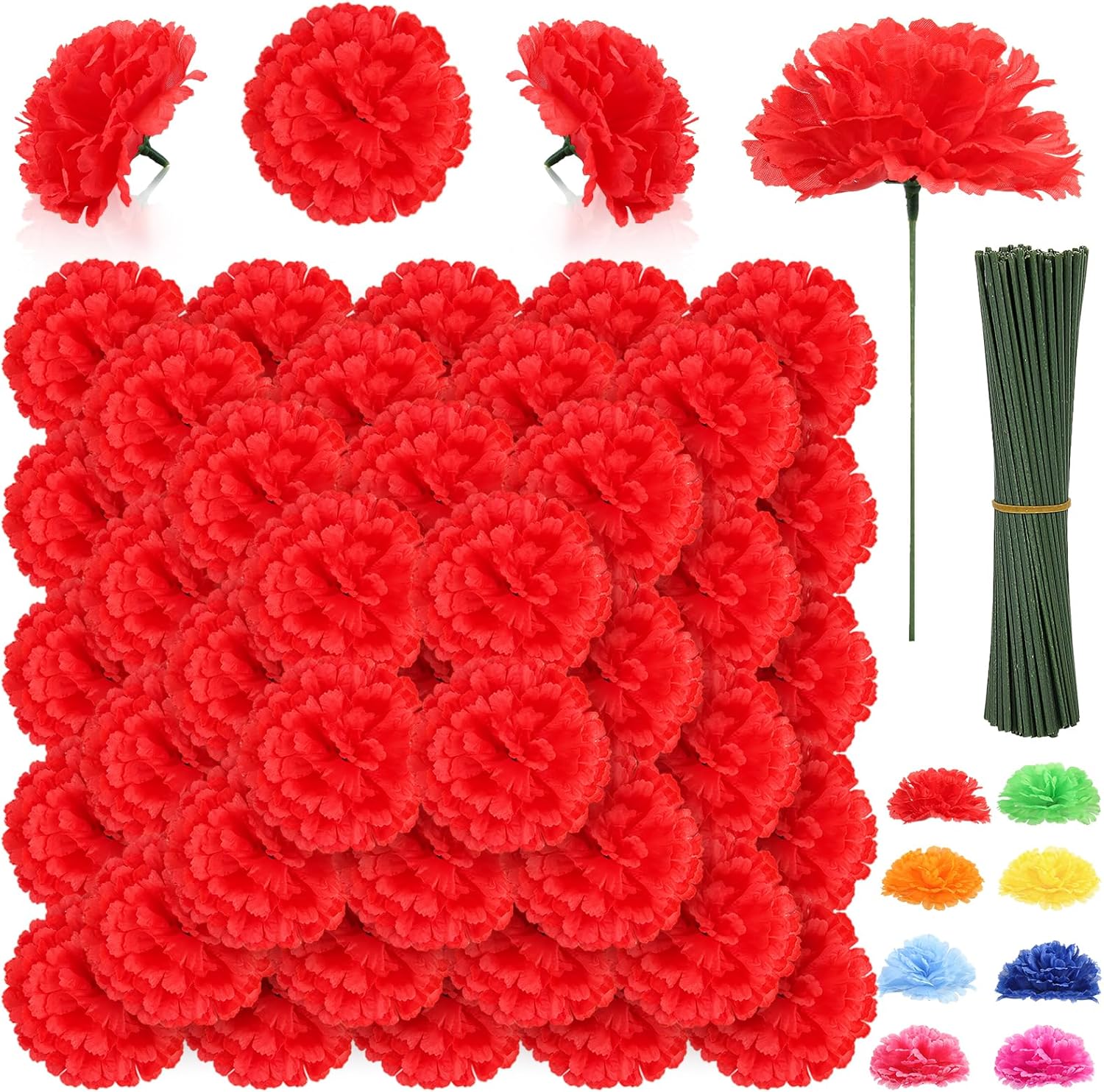 LELEE 108pcs Carnation Head Flowers with Stem - Red Artificial Flowers Carnation Bulk - Silk Carnations Fake Flower for Wedding Bouquet DIY Baby Shower Centerpieces Grad Party Tables Memorial Decor