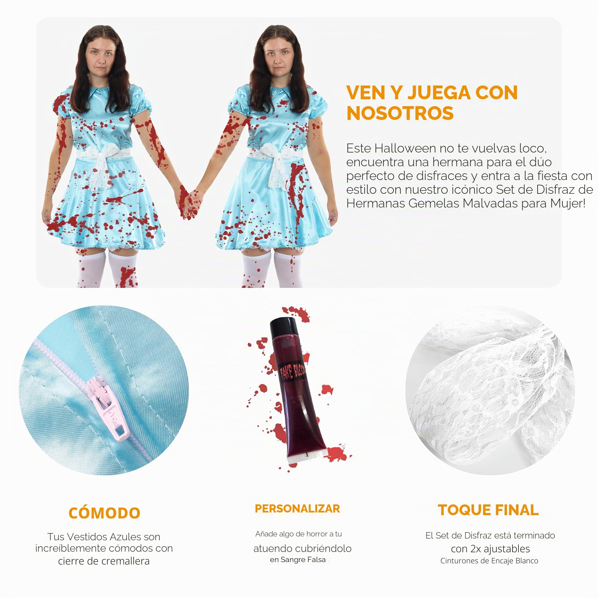 Juego de disfraz de hermanas gemelas malvadas para mujer, 2 vestidos azules, 2 pares de medias blancas, 2 cinturones blancos y sangre falsa, perfecto para disfraces de personajes de película y