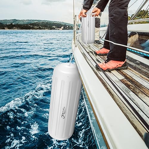 Miniatura 9 de Paquete de 4 defensas de barco de 10 x 28 pulgadas con agujero central acanalado para embarcación, viene con cuerdas y bomba para inflar