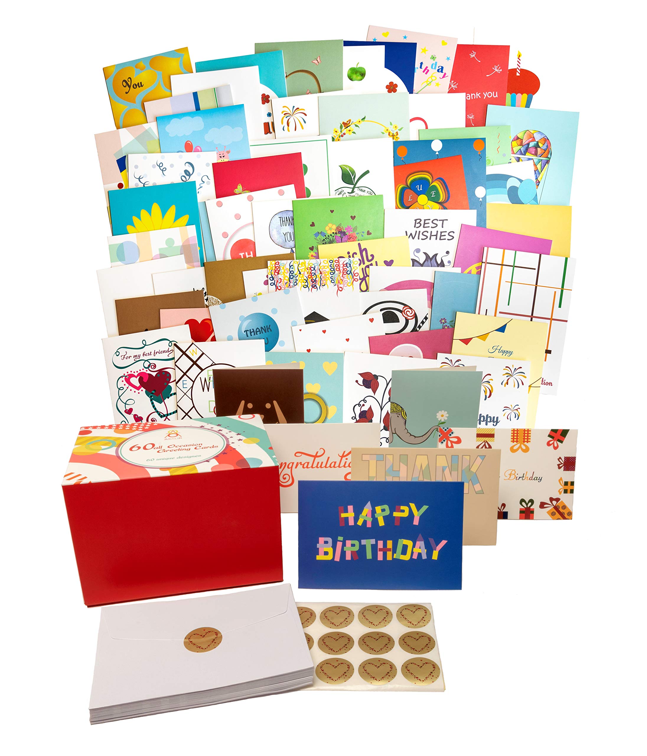 60 Unique Greeting Cards Assortment for All Occasions with 60 Mother of Pearl Color Envelopes & 60 Gold Heart Shaped Stickers in Magnetic Gift Box