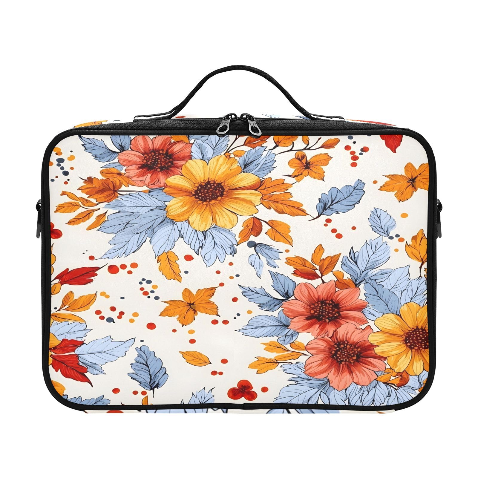 Travel Makeup Train Case Flower Yellow Pattern Blue Leaves Cosmetic Organizer Portable Storage Bag with Adjustable Dividers for Cosmetics Brushes Toiletry Jewelry Digital Accessories