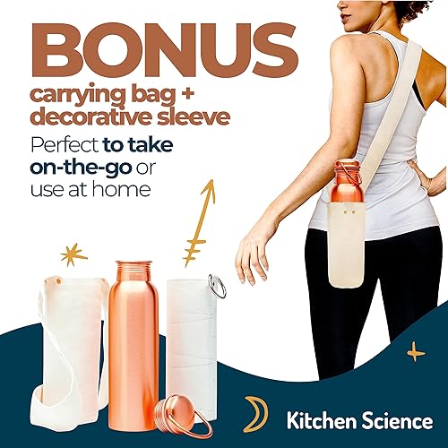 Miniatura 3 de Kitchen Science Auténtica botella de agua ayurvédica de cobre (34 onzas33.8 fl oz) con bolsa de lona de transporte y funda para agua potable y a