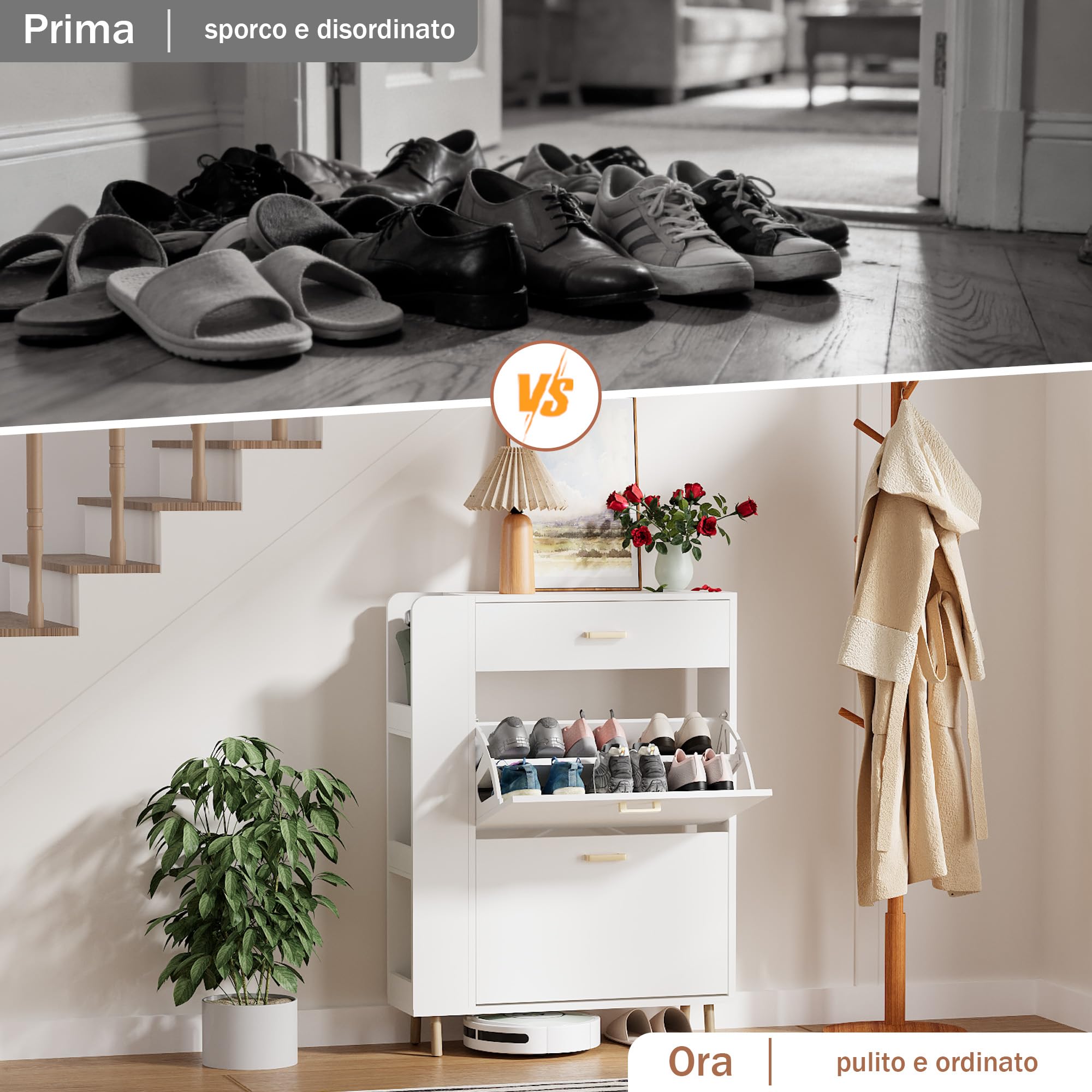 Scarpiera Salvaspazio Slim con 1 cassetto e 3 scomparti Scarpiera a 2 ante con 4 gambe in legno massello Può contenere 12-16 paia di scarpe 80x24x110cm Bianca (EUR≤45)