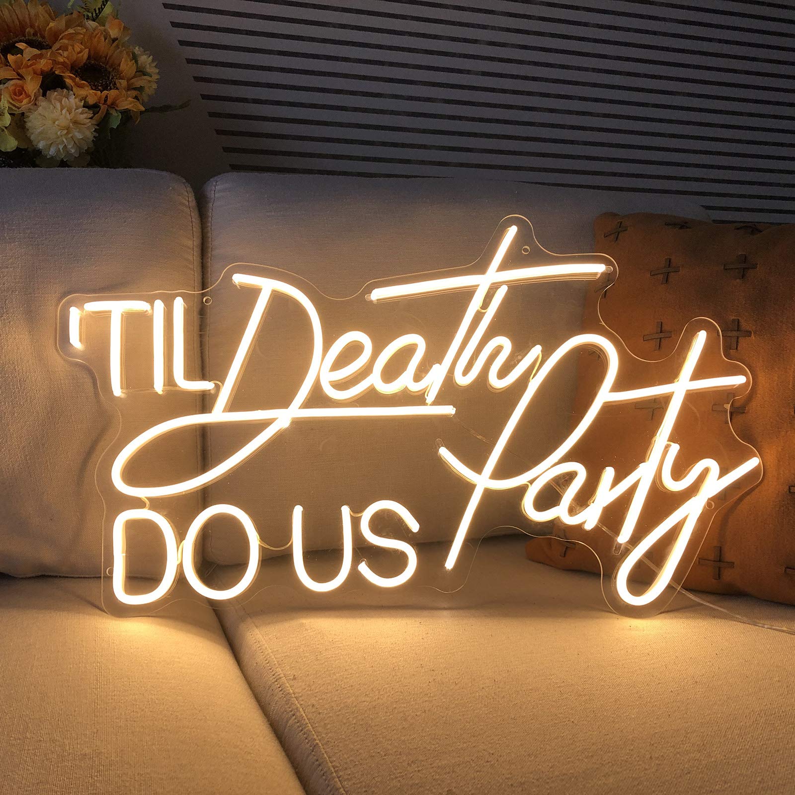 Photo 1 of Neon Signs Til Death Do Us Perty-Transparent Acrylic Light Up Lights Signs for Room Bedroom Wall Indoor Decor Led Neon Light Sign for Bar Christmas Party Wedding Kid Girl boy Living Room Office White 21.6×13IN Snow White