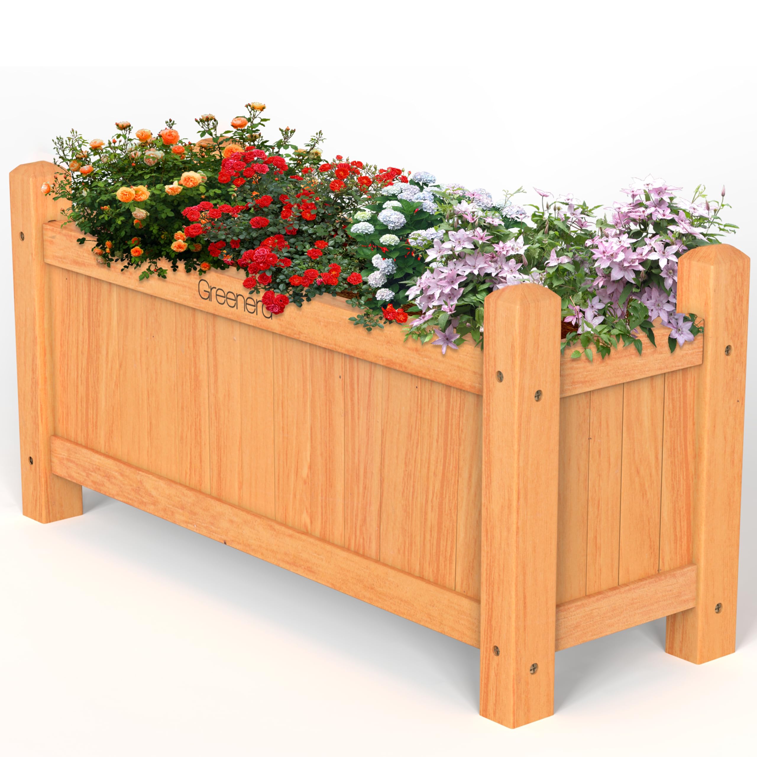 Vivo Technologies Large Wooden Garden Planter Outdoor Flowers Pots Rectangular Garden Planters Planting Raise Bed Patio Decking,Flowers Plant Pot for Patio, Balcony, 60x20x31 cm, Natural