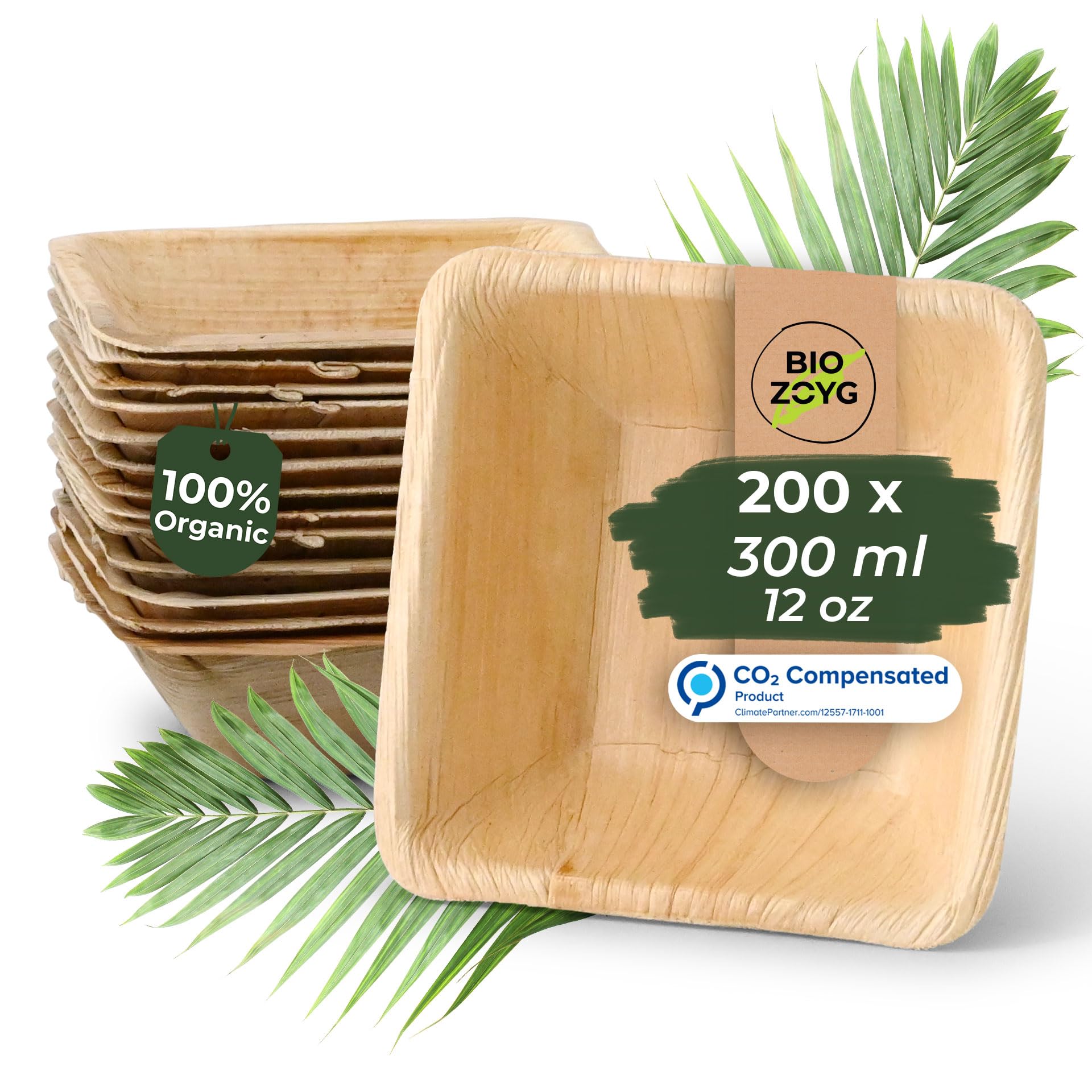 BIOZOYG Palmware - przyjazne dla srodowiska naczynia jednorazowe z lisci palmowych I 200 sztuk kwadratowa miska z liscia palmowego 300ml 13 cm I Miska salatkowa Miski do dipów Miska do zupy Pólmisek Miska na przekaski