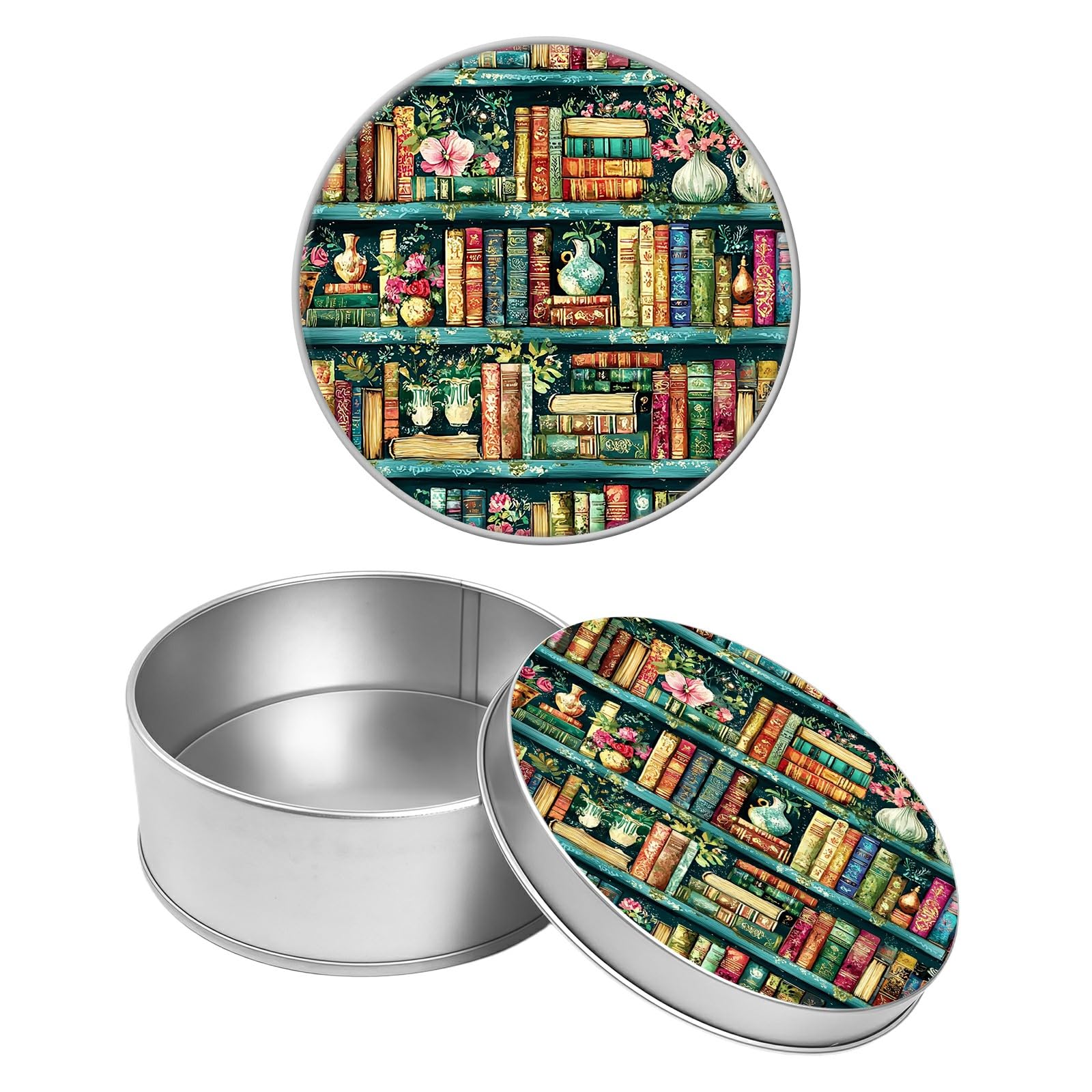Round Metal Tin Container with Removable Lid, Retro Library Durable Metal Storage Box for Crafts Snacks Candies Office Supplies Small Items 3.54 x 1.38 inch– Single Pack