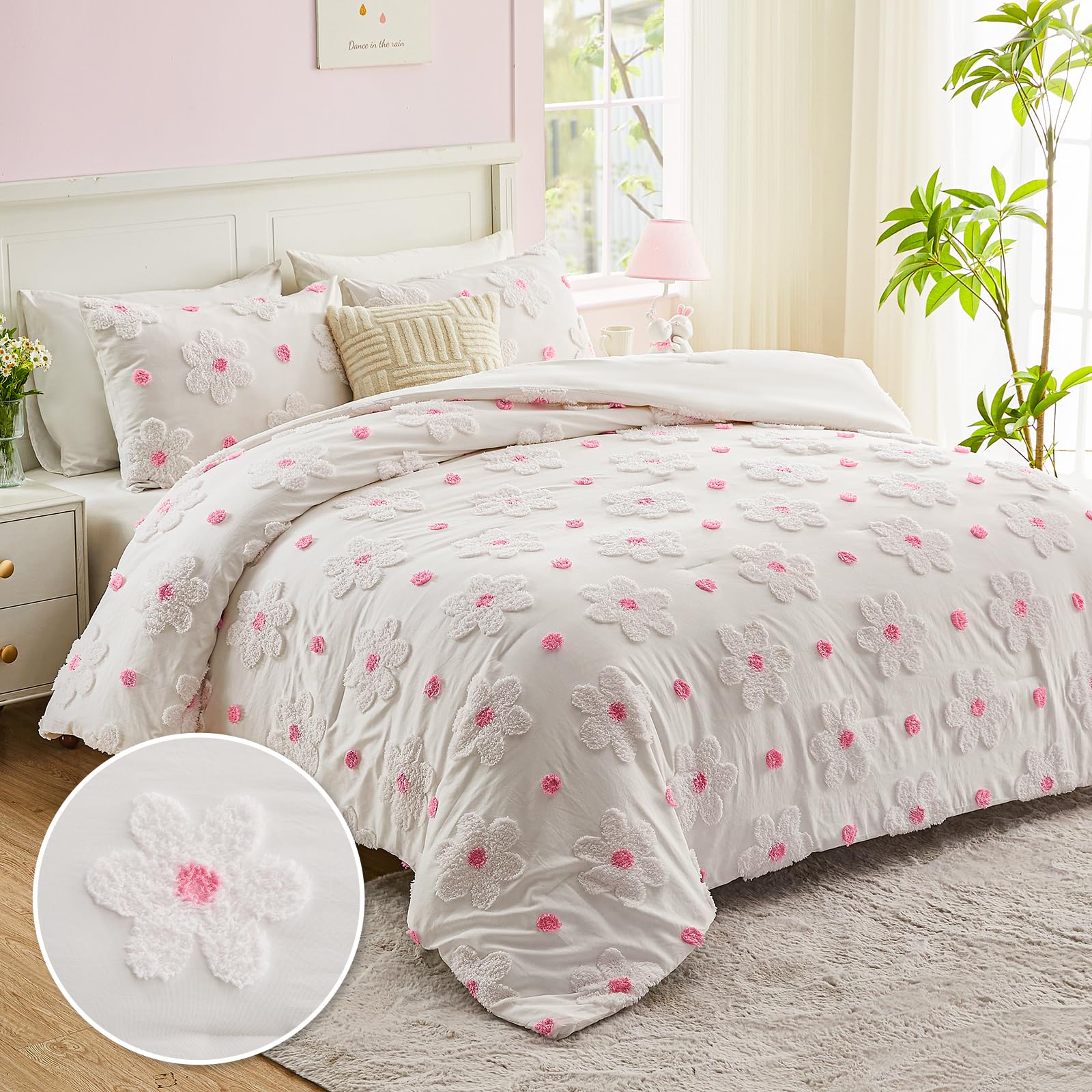 VIVILINEN Twin Comforter Set for Girls 2 Pieces Twin Size Pink Floral Bedding Set Cute Comforter with Tufted Daisies Flowers, Lightweight Bed Set for Kids Teen Girls Women