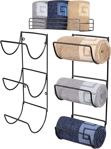 NearMoon Toallero montado en la pared, 2 toalleros de metal para baño, 2 toalleros + cesta de almacenamiento de toallas de mano, organizador de