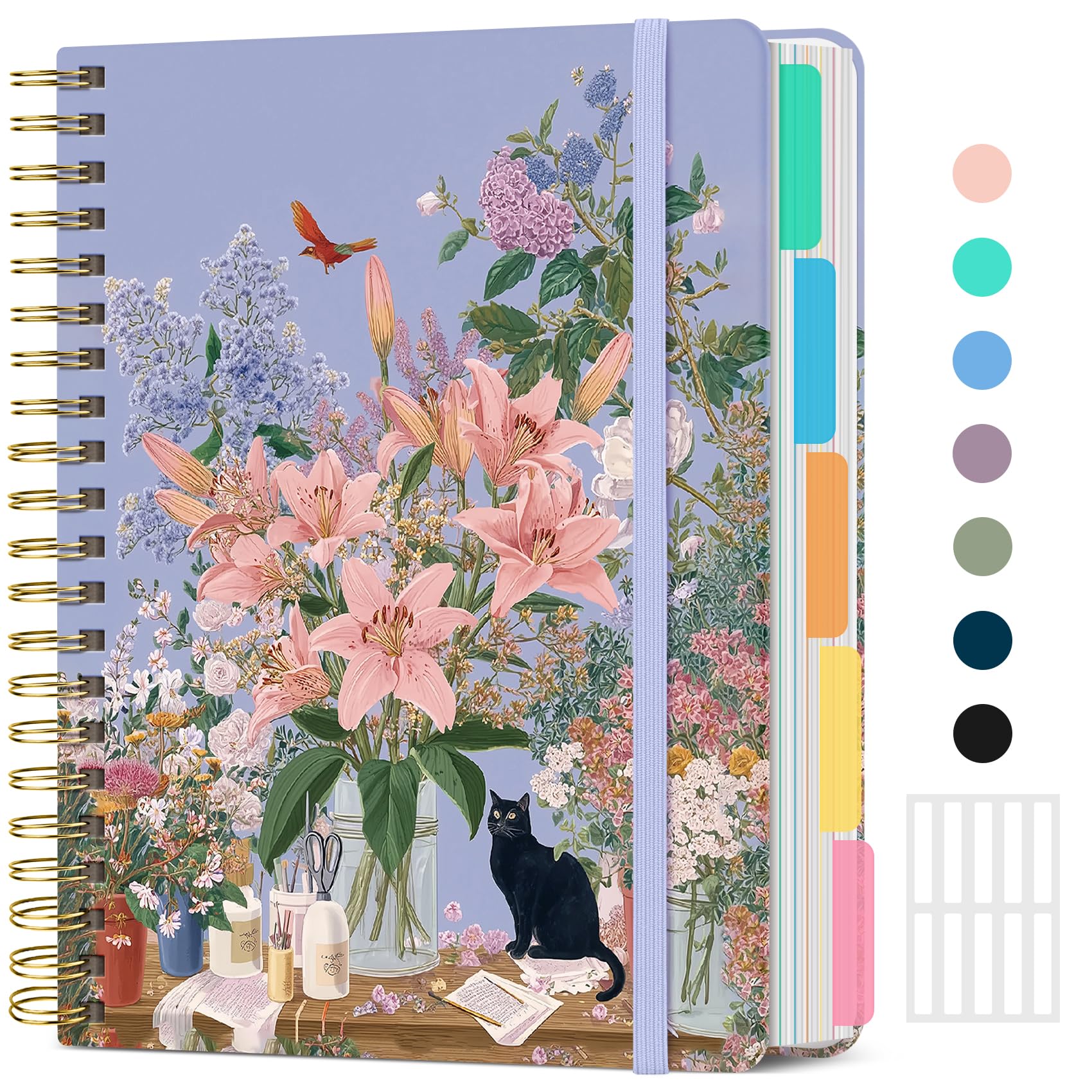 Taccuino grande a spirale per lavoro con divisori e linguette, 21,6 x 27,9 cm, copertina rigida, 5 soggetti, a righe, 280 pagine, Silent Bloom