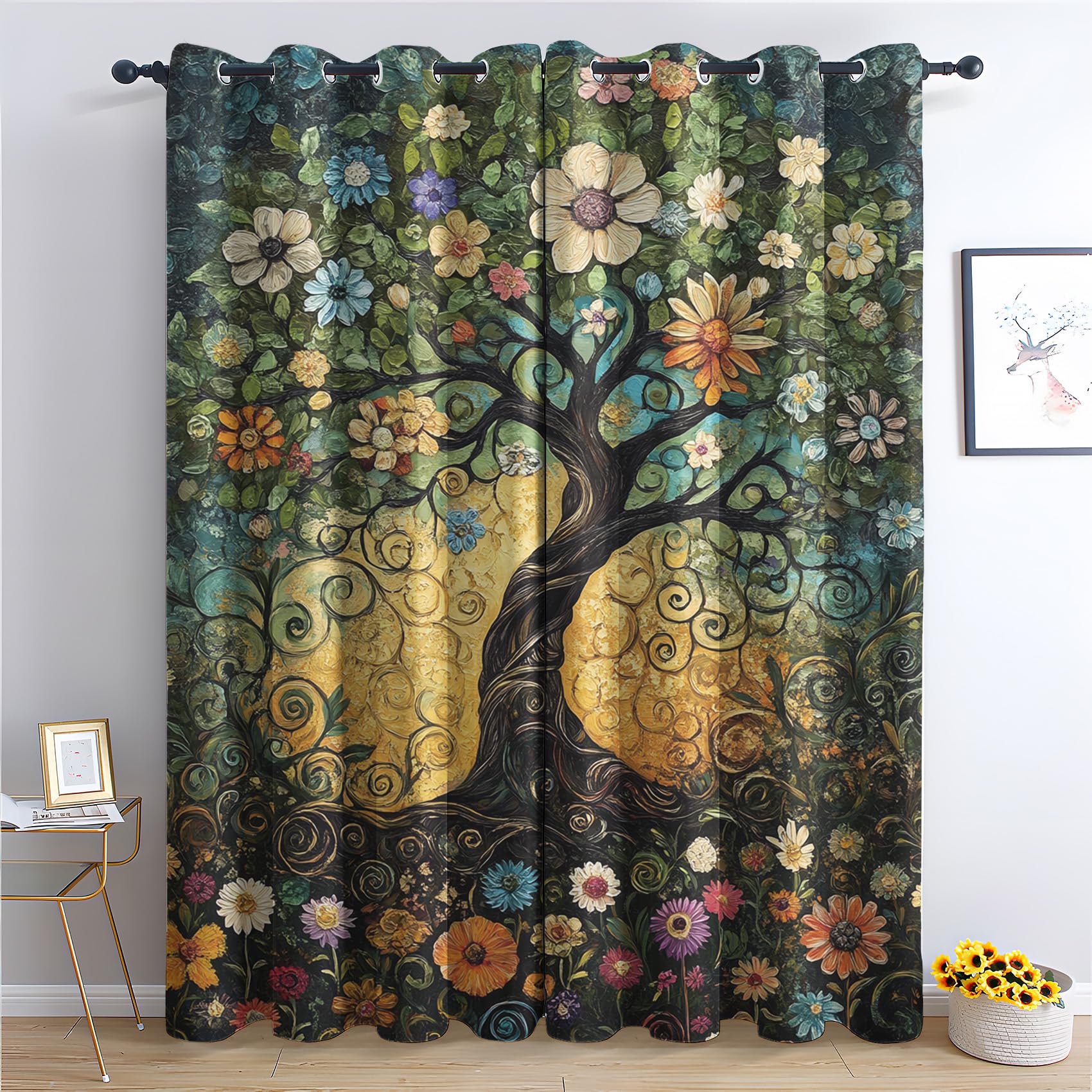 Zcwl Multicoloured Floral Tree Curtains For Bedroom Living Room, Tree Of Life Patterned Blackout Curtains, Thermal Insulated Eyelet Curtain, 54 Drop Window Treatments Drapes, 46X54 Inch (W X L), 2 Panels
