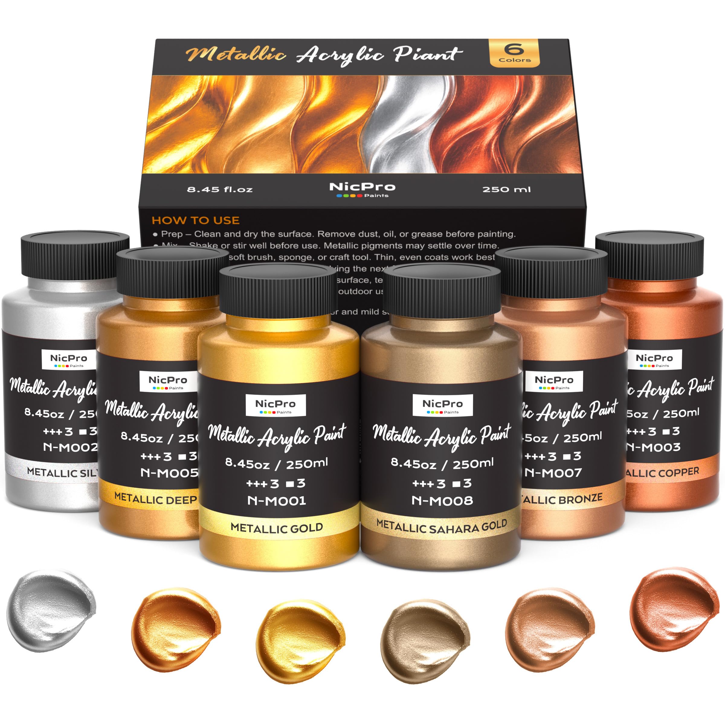 Nicpro Acrylic Paint Metallic, 6 Colors Gold, Silver, Copper, Deep Gold Sahara, Bronze, Copper 50.7oz/1500ml Total, Non Toxic Shimmer Craft Paint for Wood, Metal, Clay, Canvas, Furniture &amp; DIY Decor