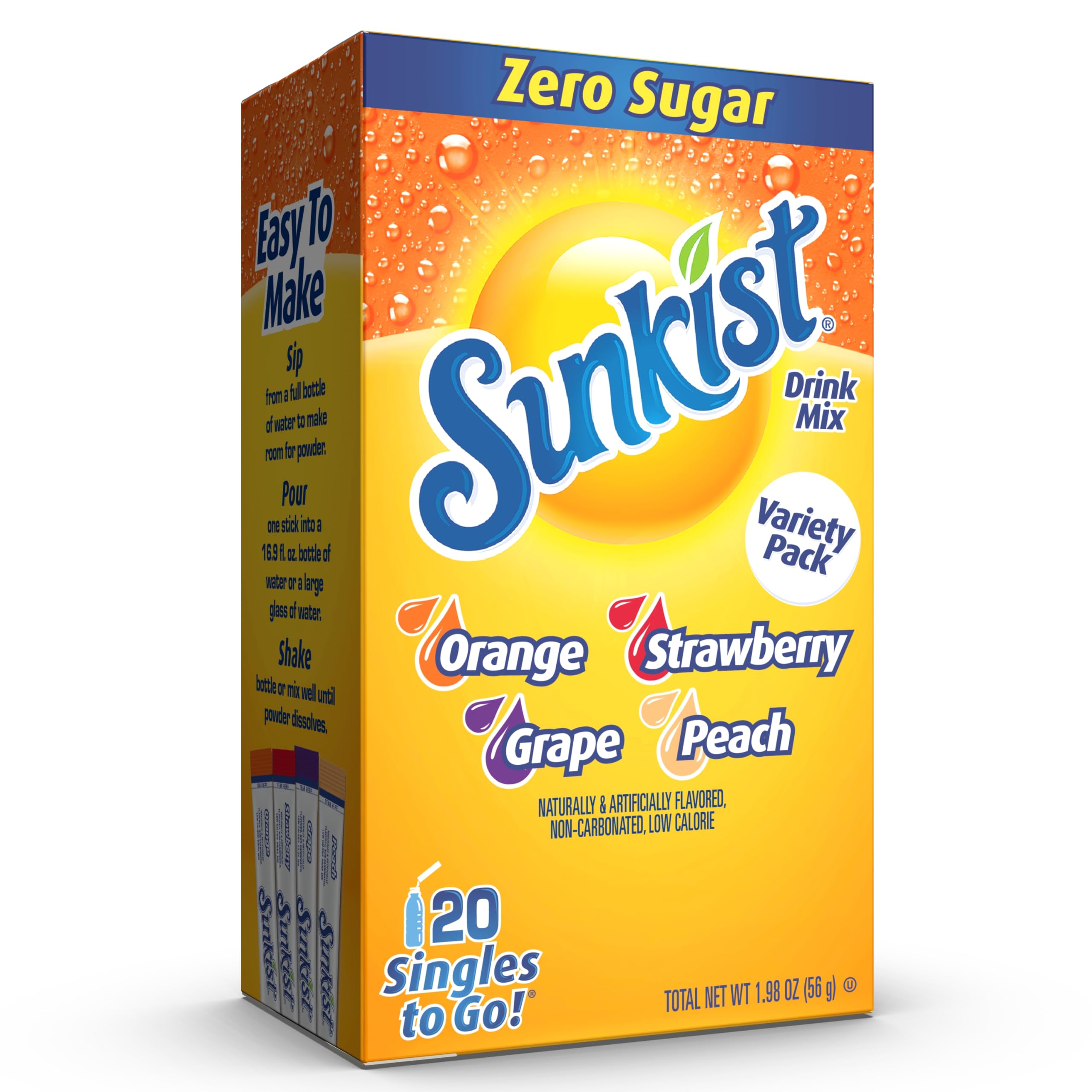Sunkist Lemonade Assortment, Singles To Go Orange, Strawberry, Grape and Peach (Total 20 Sticks)