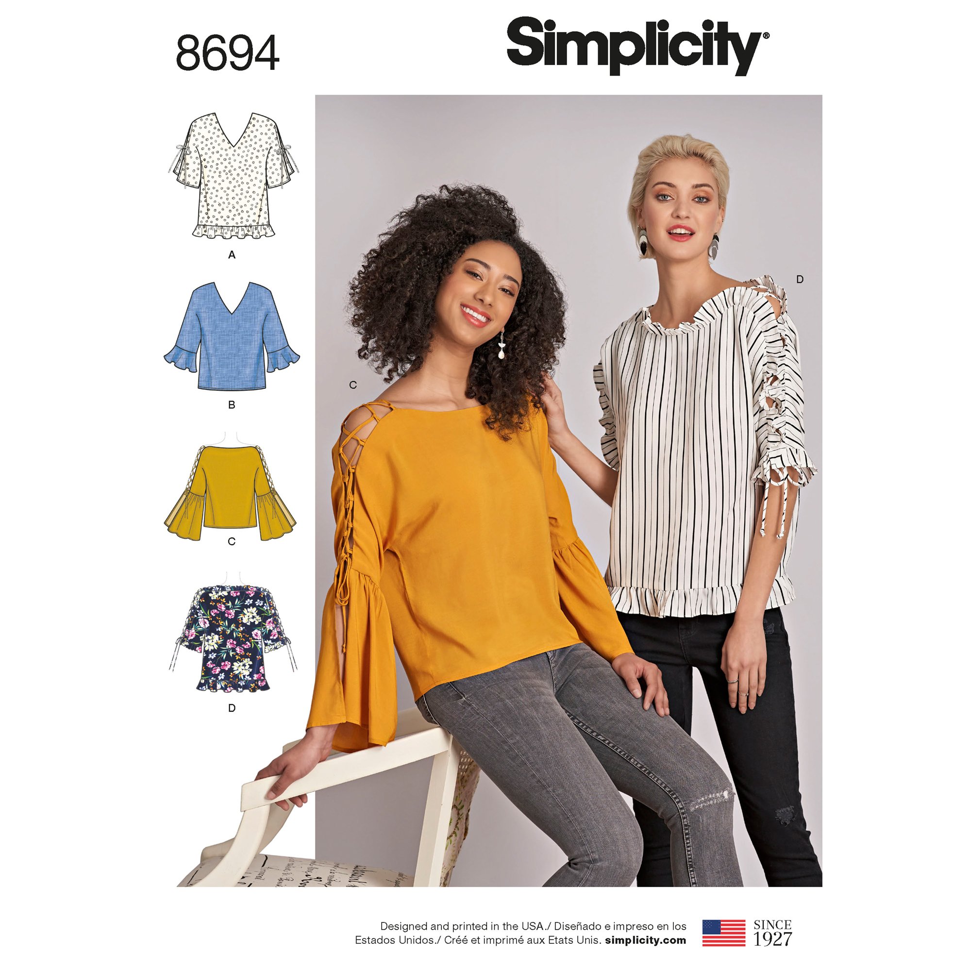 トップス organdyfrill layered point gather sleeve Simplicity Women's Flared Sleeve Blouse Sewing Patterns