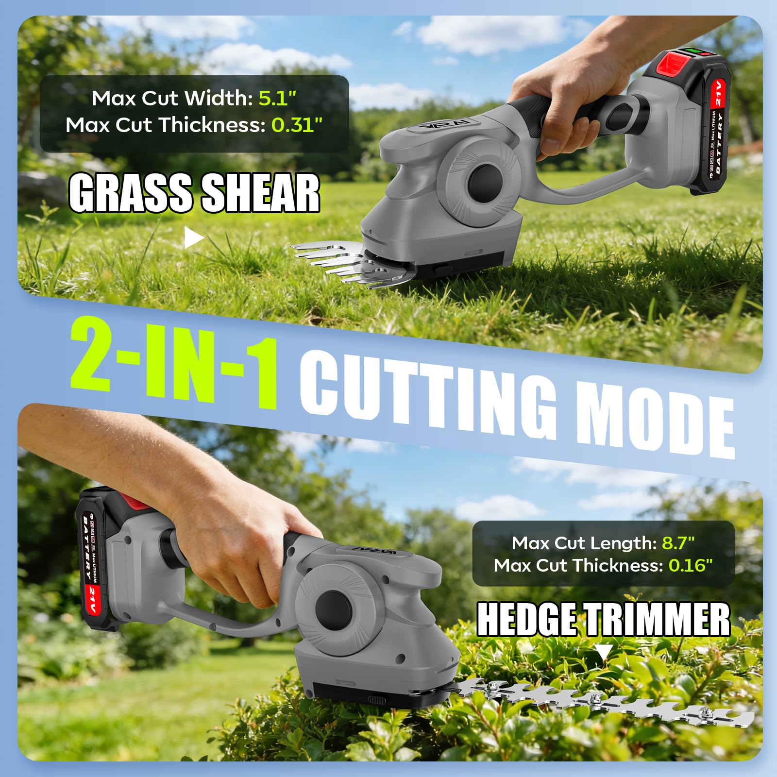 Supleap 2-in-1 600W 21V Cordless Hedge Trimmer, Gray view 3