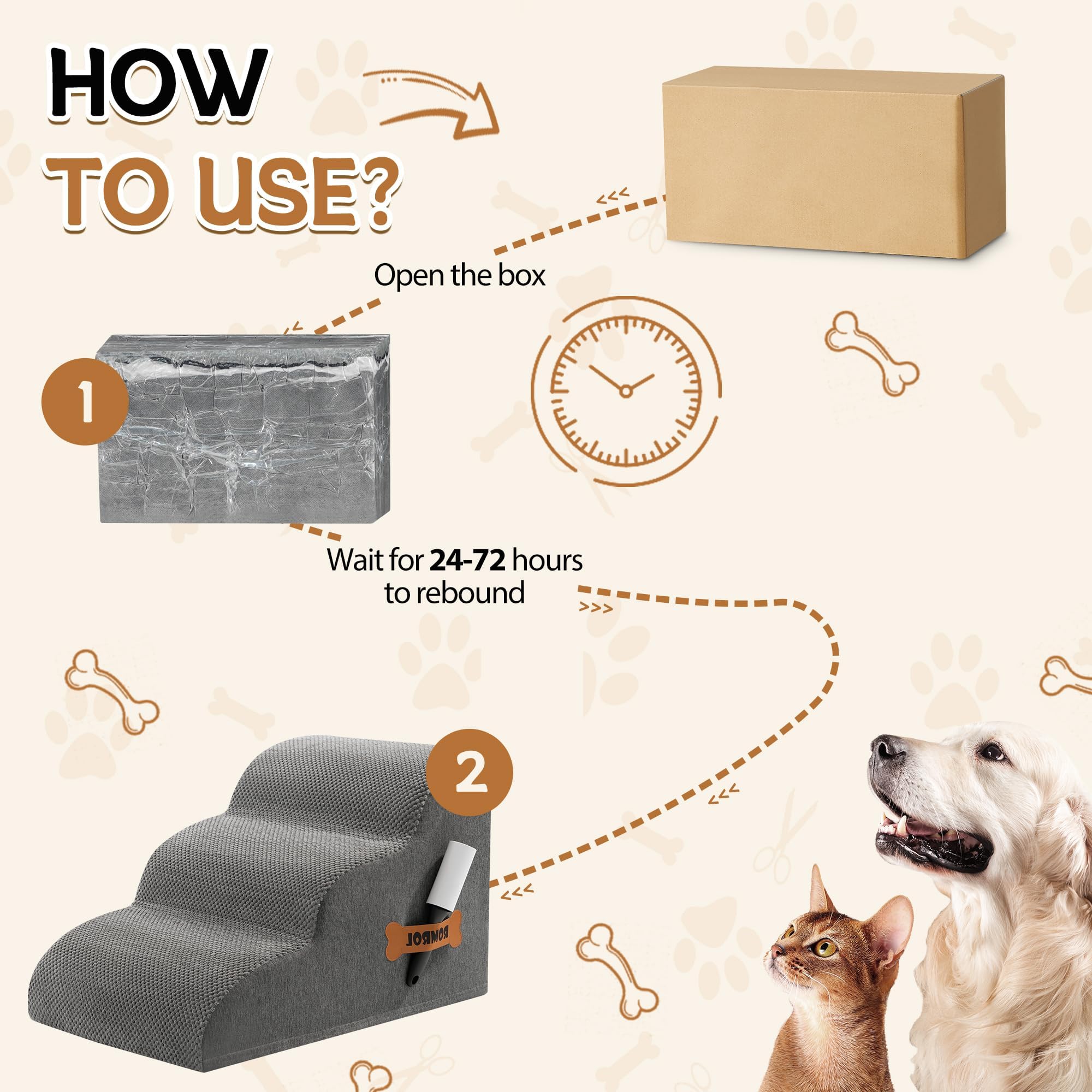 ROMROL Hundetreppe 3 Stufen – rutschfeste Haustiertreppe für kleine Hunde & Katzen – Waschbarer Bezug, Hochdichter Memory-Schaum – Weiche Einstiegshilfe für Sofa & Bett – Gelenkschonend, Grau