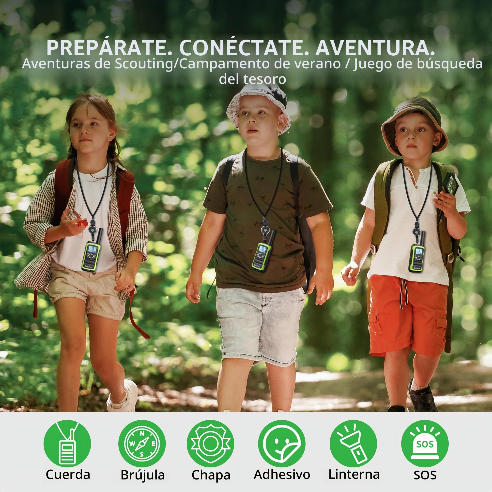 Radioddity PR-T8 Walkie talkie para niños, radio bidireccional PMR446 recargable de largo alcance con llamada grupal, VOX linterna, batería de 2000 mAh, carga USB-C, para senderismo y campamentos de 3