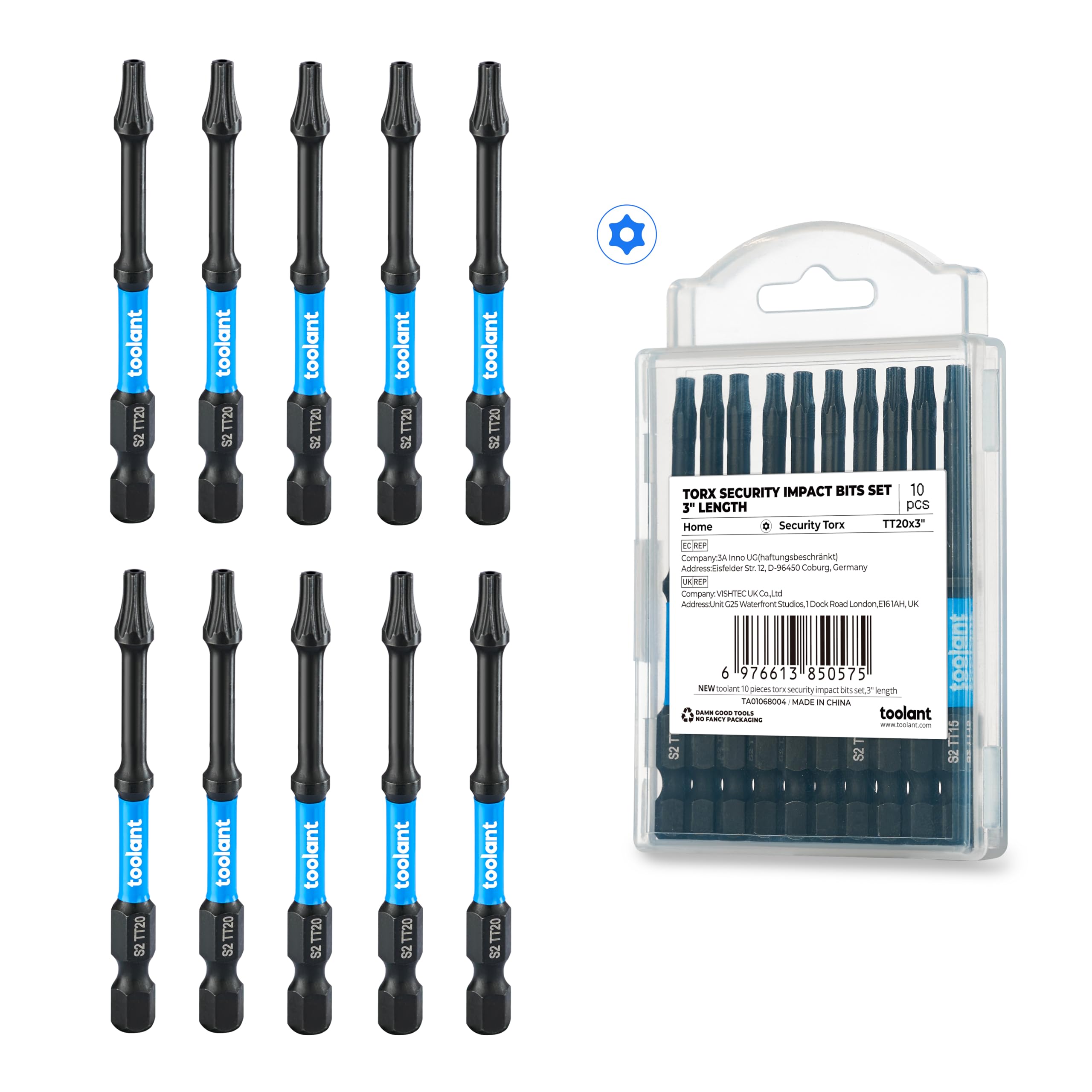 toolant 10PCS 3" Impact Torx Bit Set TT20 S2 Steel Security Torx