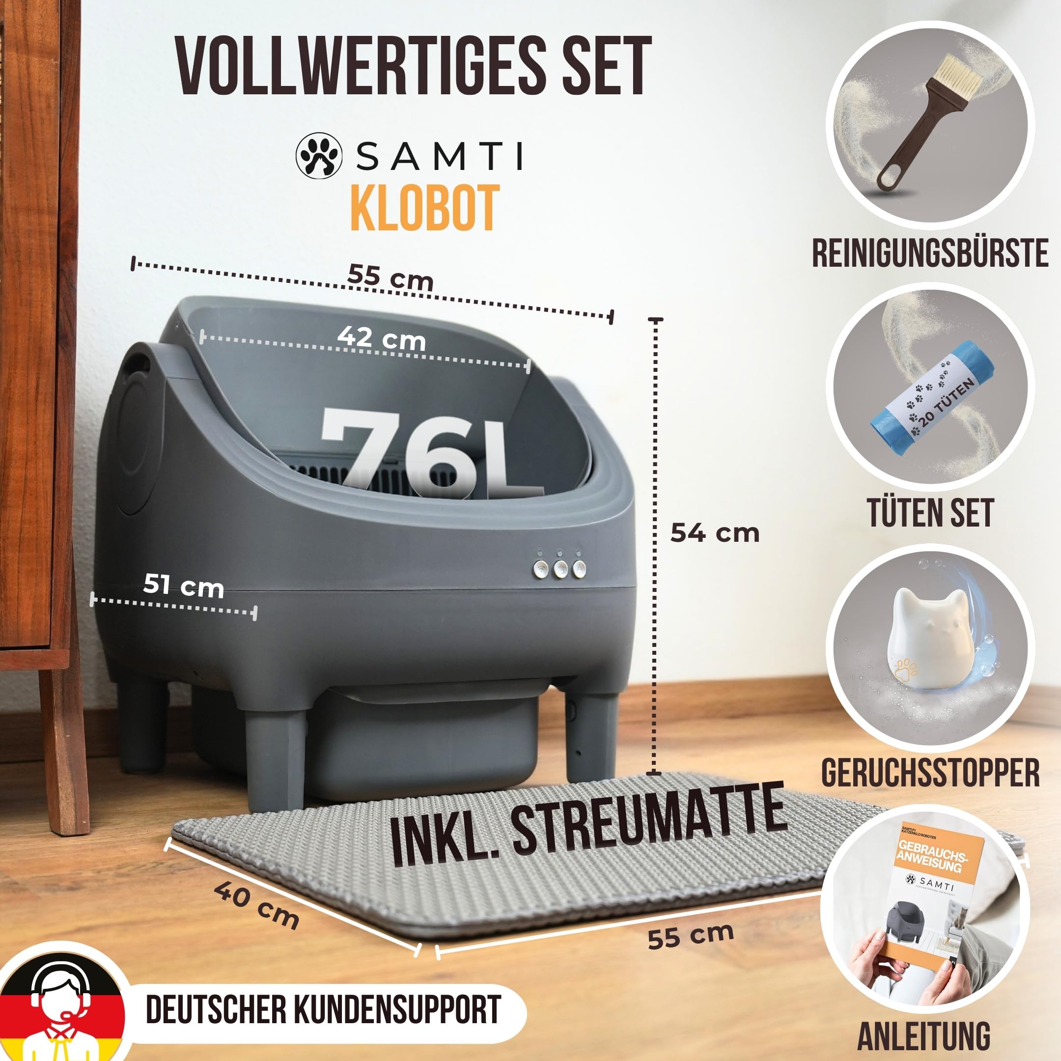 Katzenklo Selbstreinigend,15L XXL Behälter, Selbstreinigende Katzentoilette | SAMTI Klobot, für Mehrkatzen-Haushalte, Elektrisches Katzenklo groß & offen, automatisches Katzenklo XXL mit App Steuerung