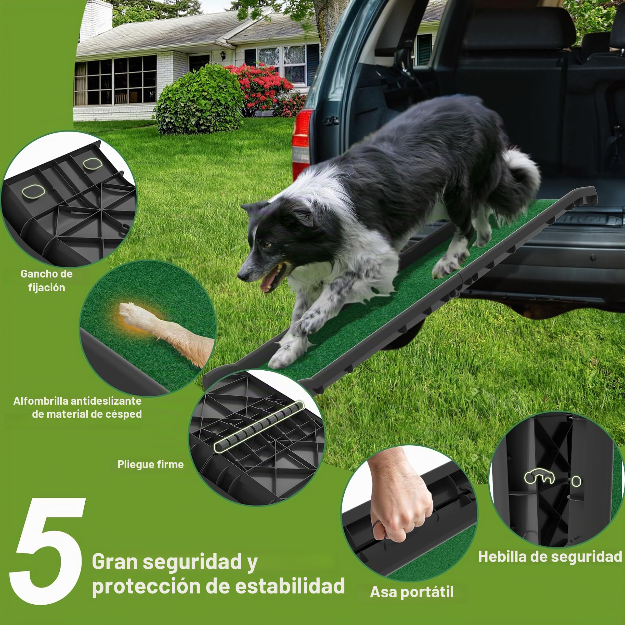UISEBRT Rampa para perros con césped artificial, plegable para coche, escaleras para perros, rampa para maletero para mascotas, antideslizante, resistente, hasta 90 kg, 156 x 40 cm, verde