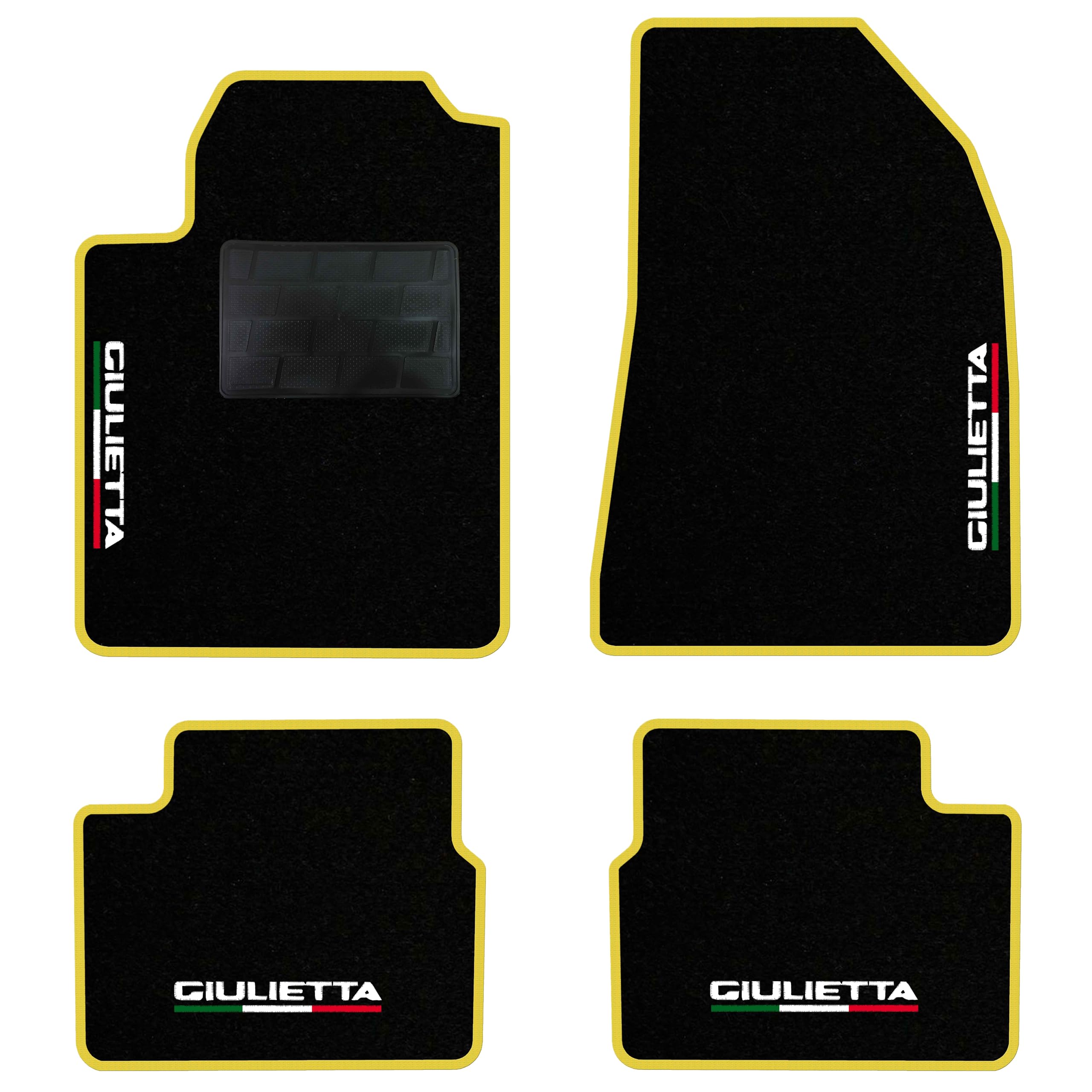 QUEMAR Tappetini Auto per GIULIETTA TRICOLORE, Bordo Giallo, 4 Ricami | 2016-2020 / Kit Tappeti Moquette e Gomma su Misura / Set 2 Anteriori + 2 Posteriori / Ricami e Colori Personalizzati