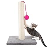 17-Inch Cat Scratching Post - Sisal Rope and Carpet Scratching Pole with Bright Pink Hanging Ball Toy for Adult Cats and Kittens by PETMAKER (Gray)