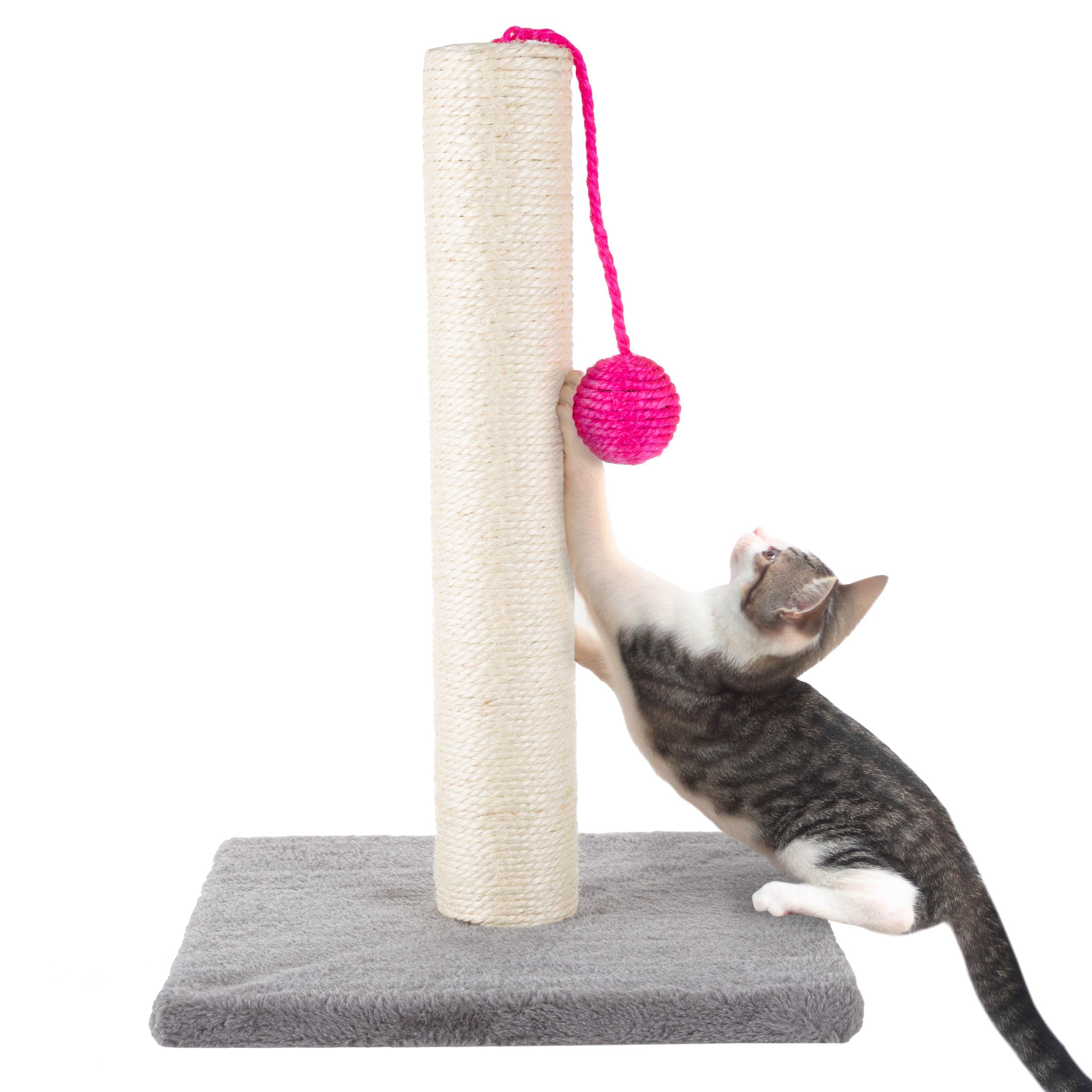 17-Inch Cat Scratching Post - Sisal Rope and Carpet Scratching Pole with Bright Pink Hanging Ball Toy for Adult Cats and Kittens by PETMAKER (Gray)