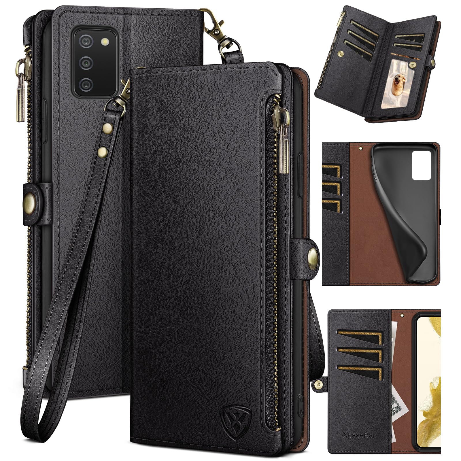 XcaseBar for Samsung Galaxy A03S Wallet case with Zipper Credit Card Holder【RFID Blocking】, Flip Folio Book PU Leather Phone case Shockproof Cover