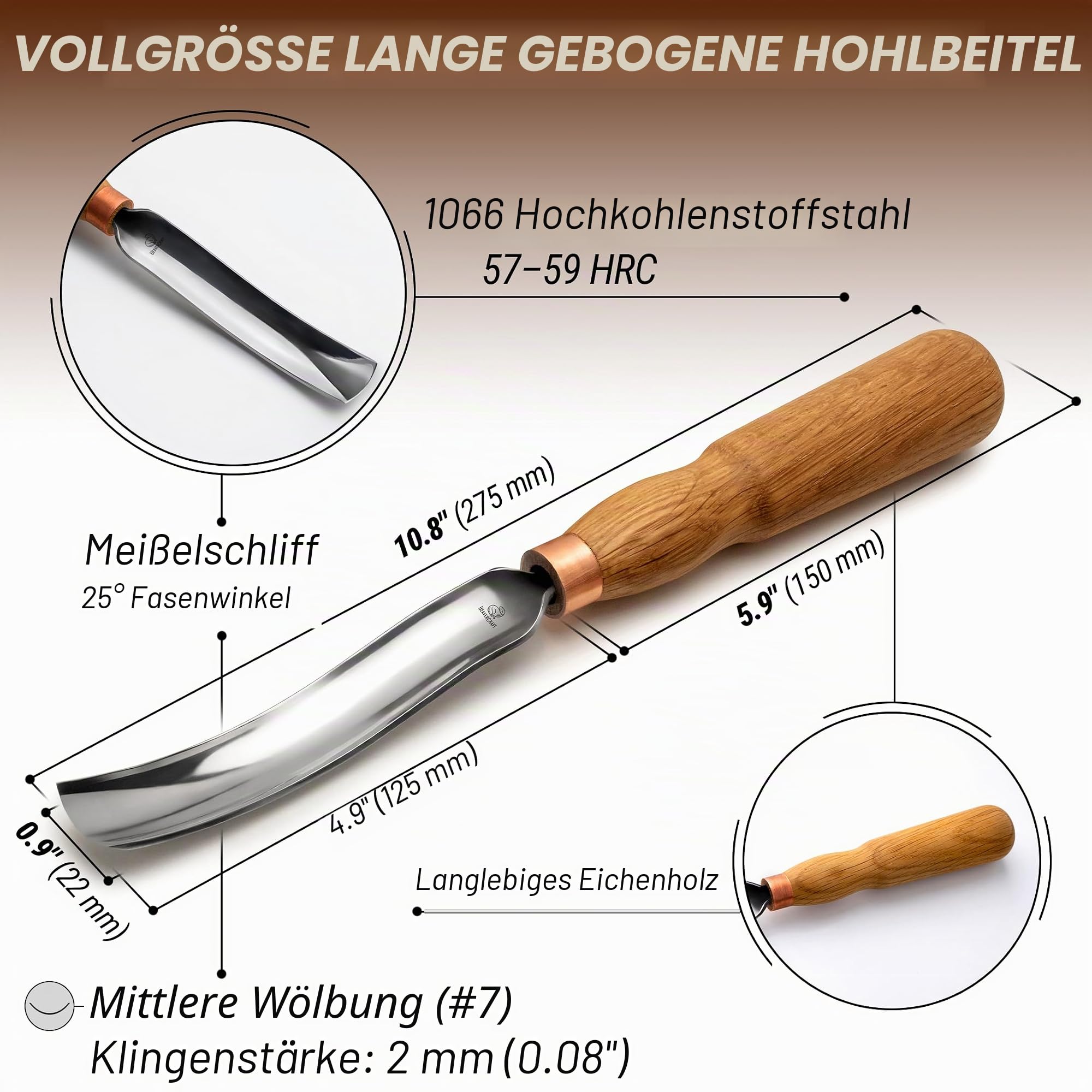 BeaverCraft Holzschneide-Hohleisen 7L/22 Löffelschnitzwerkzeug, Meißel - Schalenguts, Gebogener Holzmeißel - Schnitzmesser für Löffel