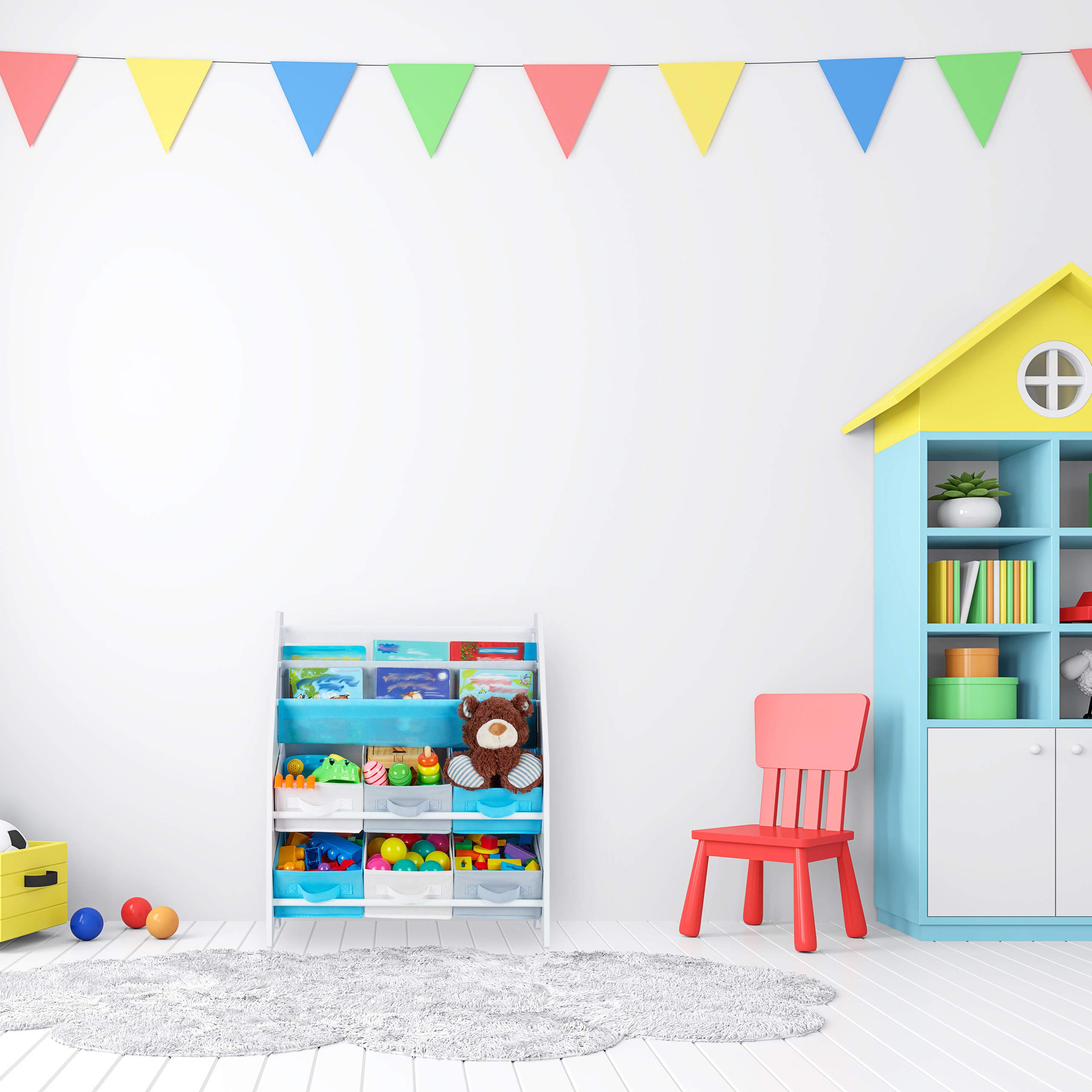 Relaxdays Estantería Infantil, 6 Cajas y 2 Baldas Tela, Mueble Juguetes, Librería Sirenas, 74 x 62 x 31,5 cm, Multicolor