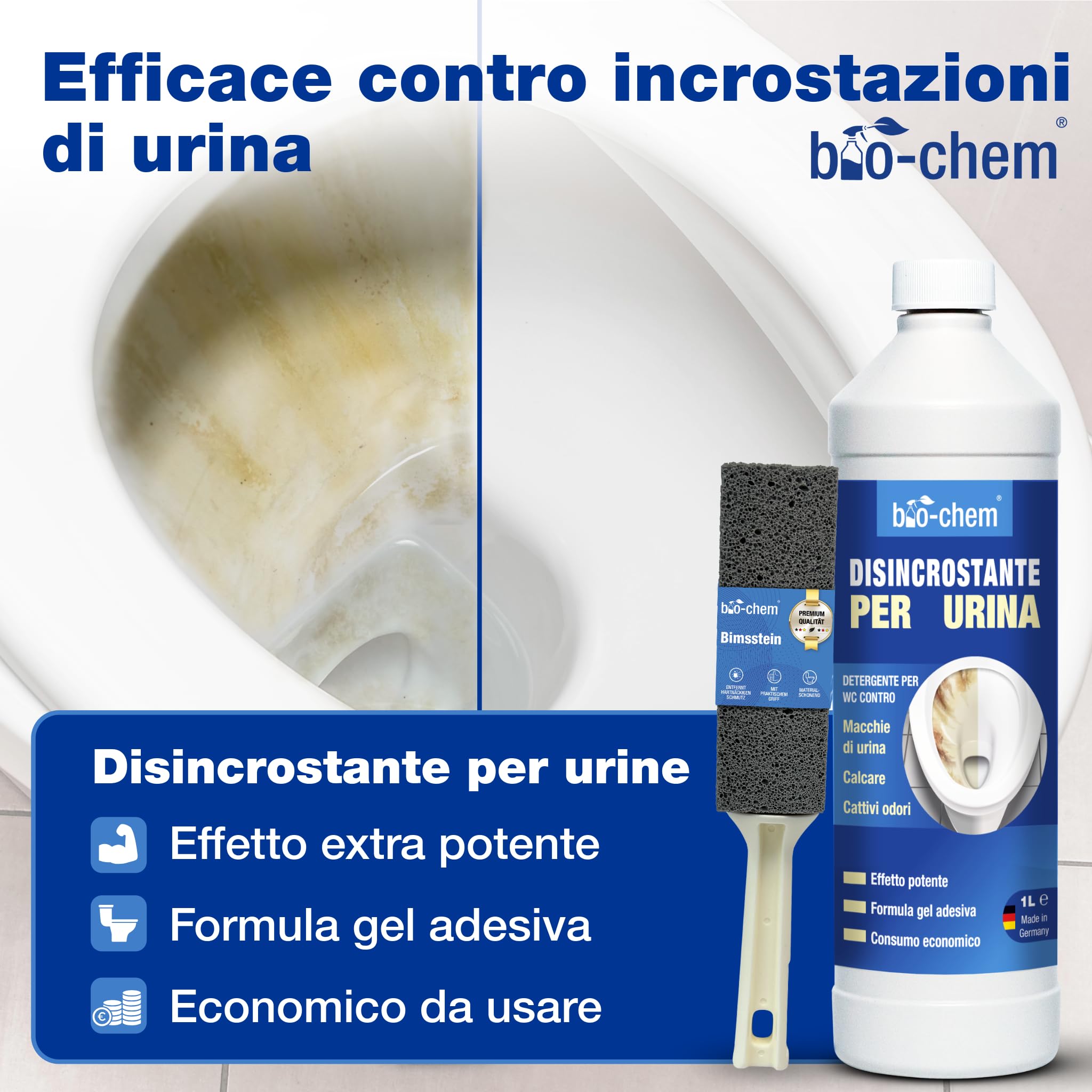 bio-chem Set di 6 prodotti per la pulizia di tubature, WC e forno | Rimuovi urina e calcare - Sblocca scarichi - Pulisci forno - Con spugna, panno e pietra pomice