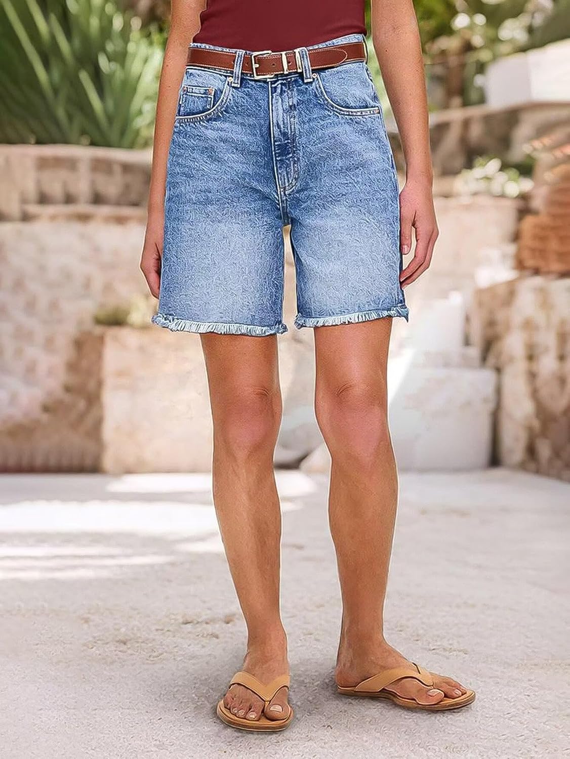 Flamingals Women's Raw Hem High Waist Bermuda Shorts Casual Summer Shorts - Image 3