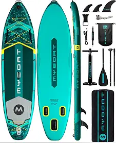 myboat Prancha de Stand Up Paddle (Sup) Inflável Extra Larga de 3,5 M X 89 Cm X 15 Cm, com Capacidade para Até 204 Kg, 3 Quilhas Removíveis, Bomba de Dupla Ação, Remo Flutuante, Bolsa Impermeável