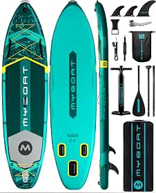 myboat Prancha de Stand Up Paddle (Sup) Inflável Extra Larga de 3,5 M X 89 Cm X 15 Cm, com Capacidade para Até 204 Kg, 3 Quilhas Removíveis, Bomba de Dupla Ação, Remo Flutuante, Bolsa Impermeável
