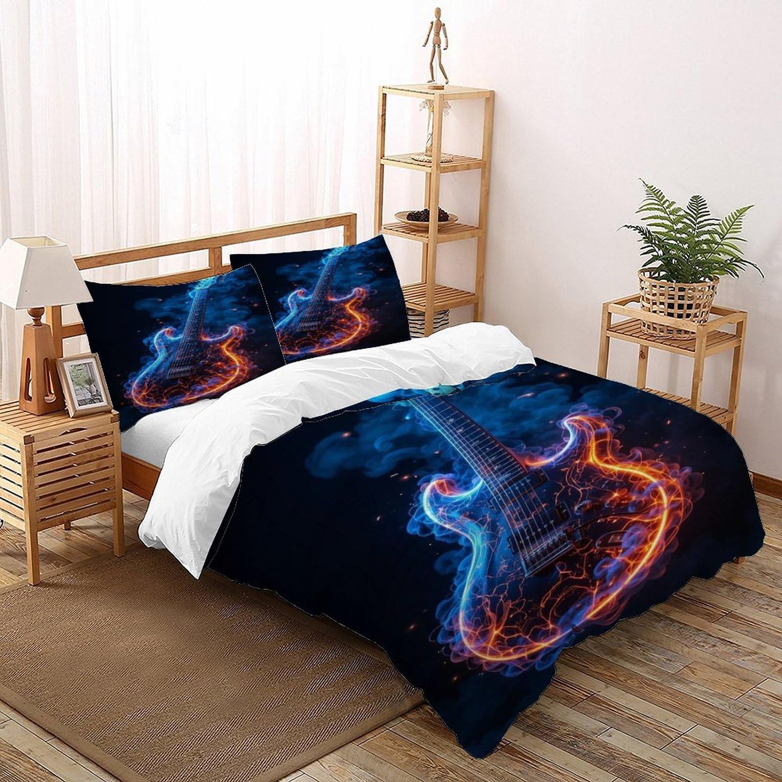 Guitar Flame Bedding Set Theme Bedspread Space Theme Theme Duvet Cover Set Chic Breathable Comforter Cover Universal for All Seasons with Pillow Double（200x200cm）