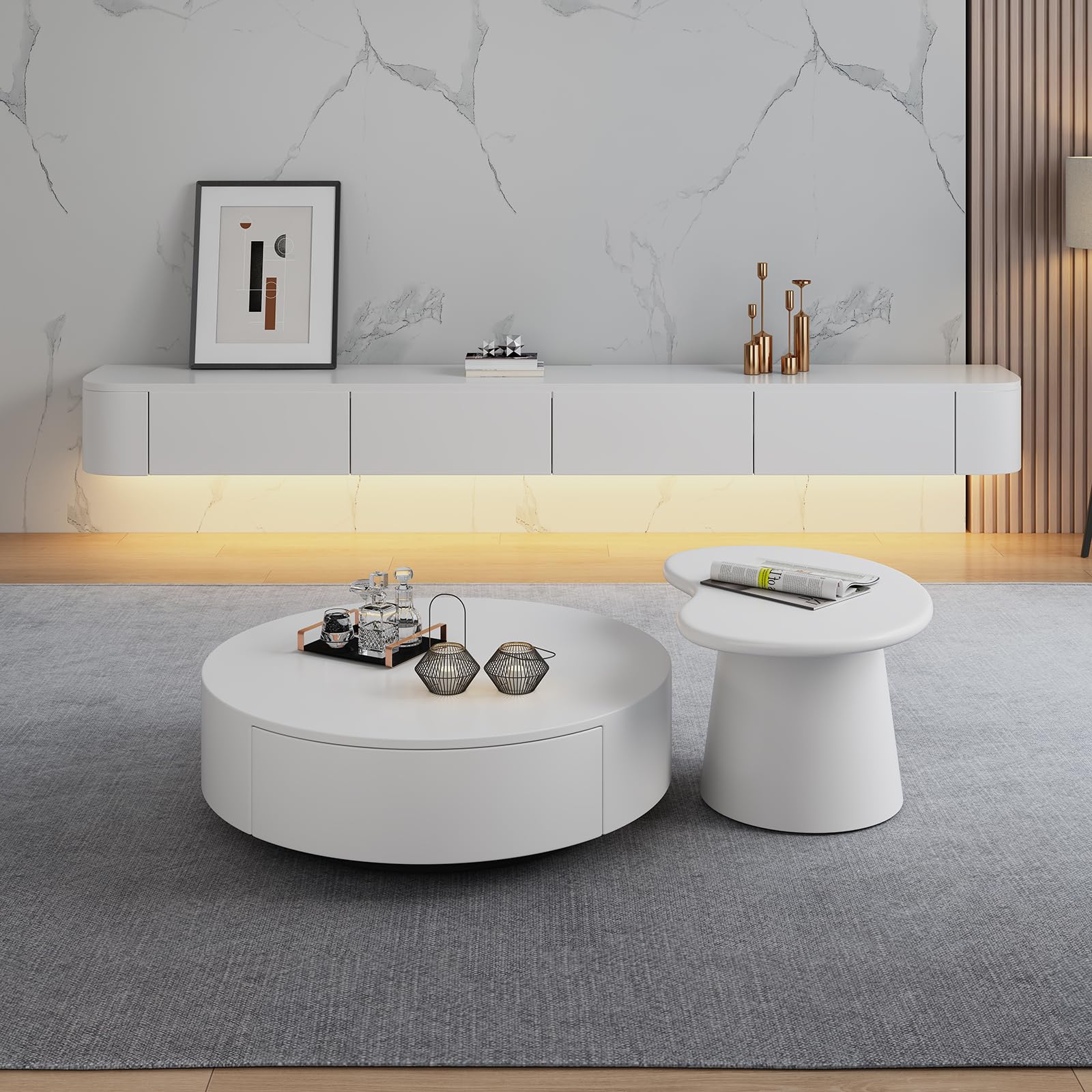 Supporto TV a parete, mensole a parete con porta, console multimediale, mobile TV a parete, grande panca portaoggetti sotto la televisione (bianco + LED, 220 cm)