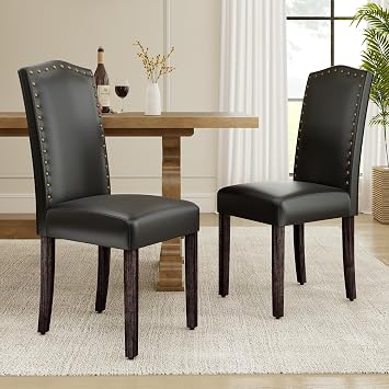LSSPAID Dining Chairs Set of 2, Modern PU Leather Upholstered Parsons Dining Room Chairs with Bronze Nail Head Trim and Brushed Solid Wood Legs, Black