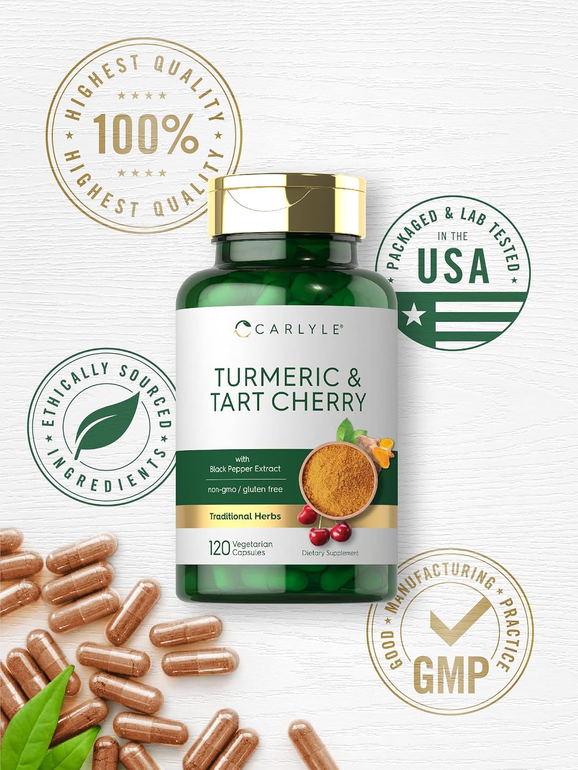 Carlyle Turmeric and Tart Cherry Capsules | 120 Count | with Bioperine | Vegetarian, Non-GMO, Gluten Free Supplement
