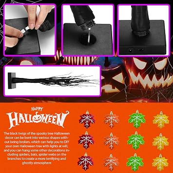 16 Pcs Thanksgiving Ornaments and Halloween Tree Set Black LED Light-Up Tree with Wooden Maple Leaf Party Decor for Fall Decor Christmas Decorations for Home, DIY Crafts,Shelf or Holiday Display