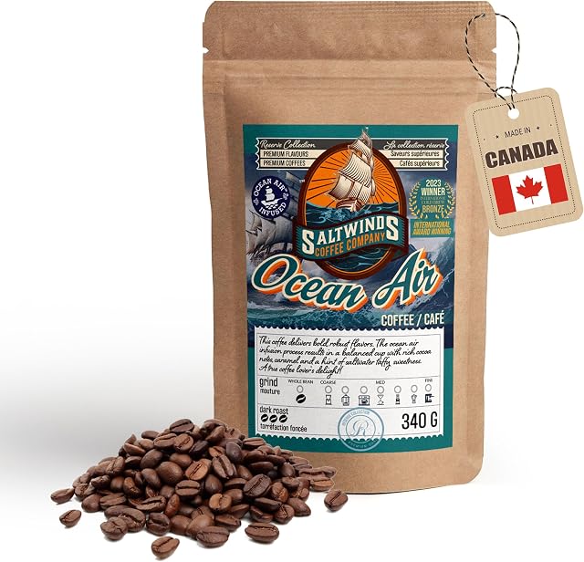 Océan Air Haricots entiers Café par Saltwinds Société du café (340g) | Rôtissement foncé 100% Arabica Faible acidité & Corps complet fraîchement rôti dans les Maritimes