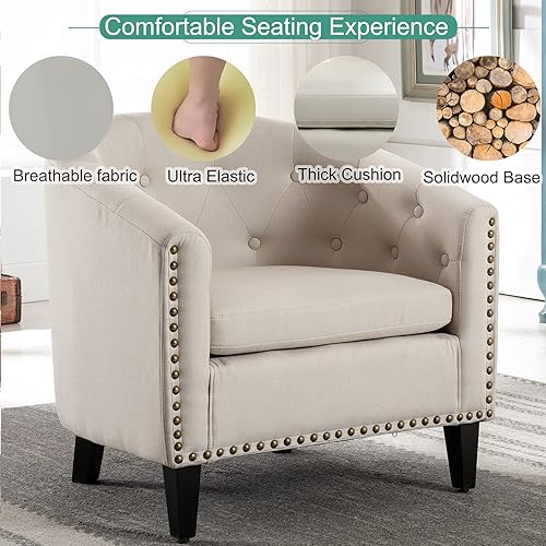 Miniatura 53 de Goujxcy Sillón de barril estilo club para sala de estar, acogedora y moderna silla de microfibra con cabeza de clavos y patas de madera maciza para