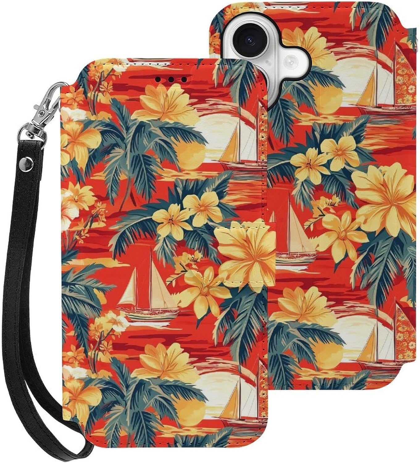Sailboat Tropical Plants Flowers Sunset Compatible with iPhone 16/16 Plus/16 Pro/16 Pro Max/16 E Case Phone Wallet Card Holder Flip Cover with Wrist Strap