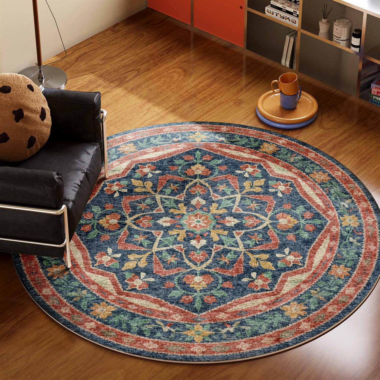 GueTTO Tappeto Rotondo Lusso Stile Vintage Americano, Lavabile, Impermeabile, Antiscivolo per Studio, Salotto, Sedia da Trucco,C,∅ 120cm
