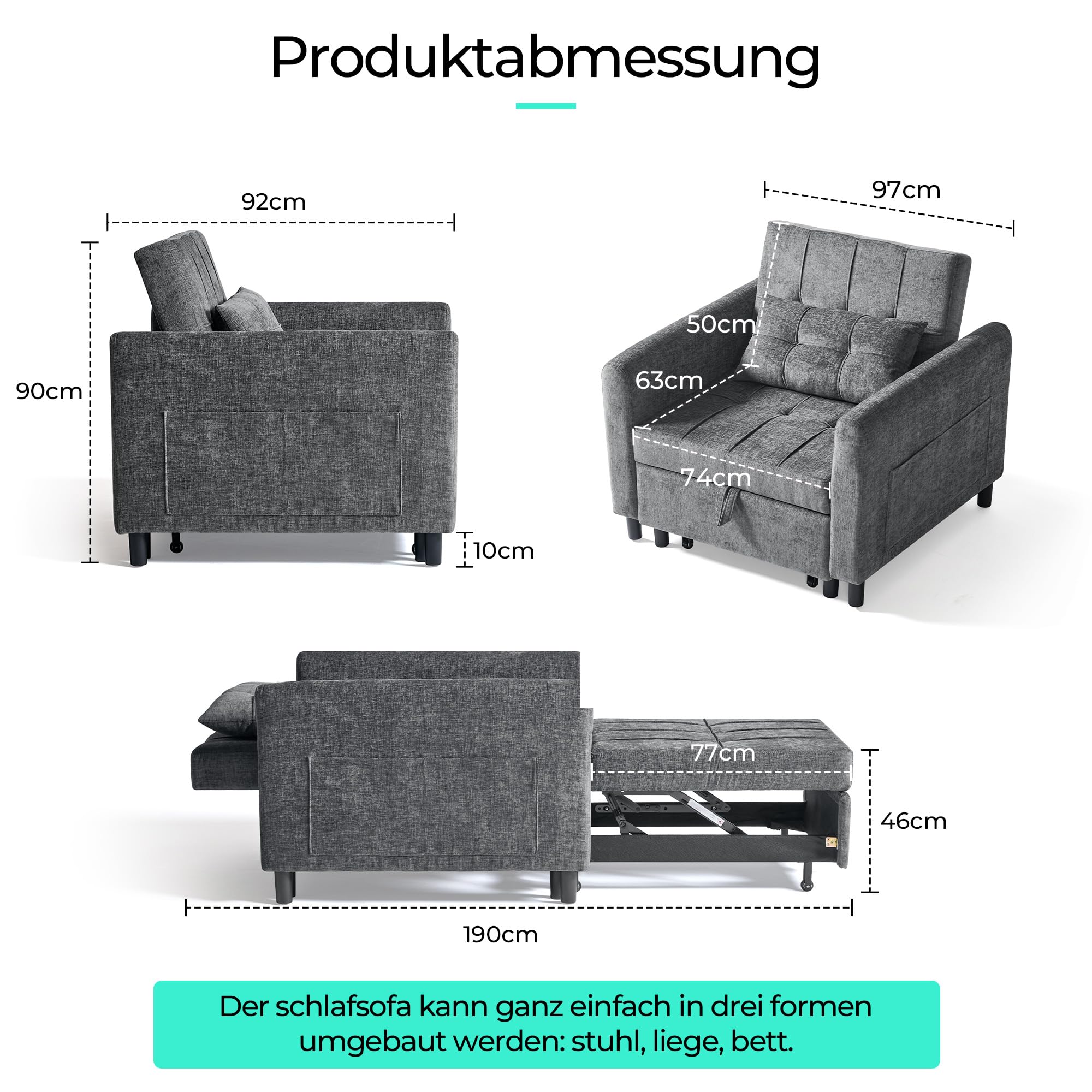 LINSY HOME 3-in-1 Schlaferstuhl, 1-Sitzer Sofa mit Schlaffunktion, Chenille Sessel Kleine mit Kissen und Seitentasche für Kleine Wohnung - Schlafbereich 74 x 190cm (Grau)