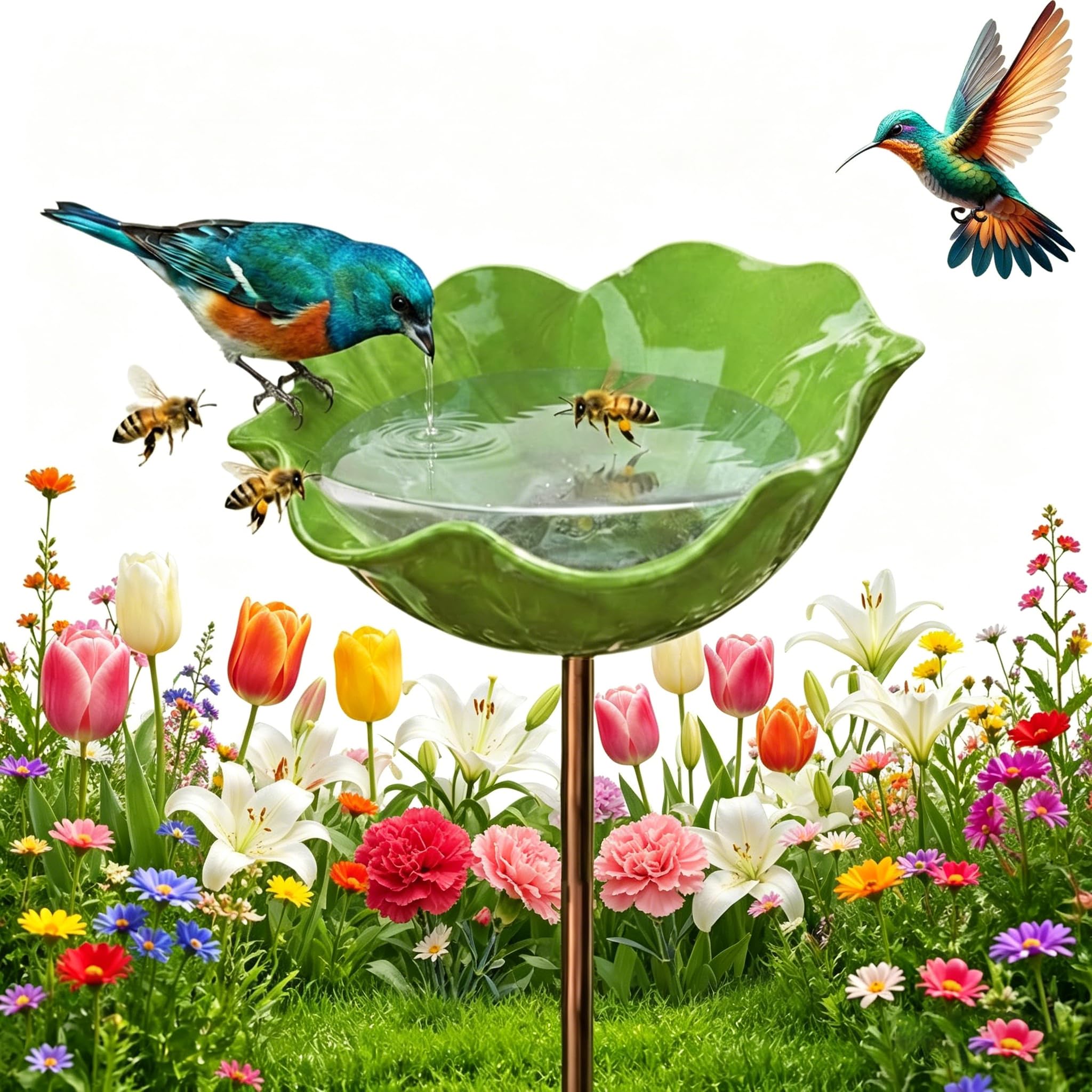 2026 New Handmade Metal Flower Garden Stake Bird Bath, Bee Watering Station with Poppy-Shaped Design, Weather-Resistant Outdoor Yard Art for Garden Patio Yard Lawn (Green)